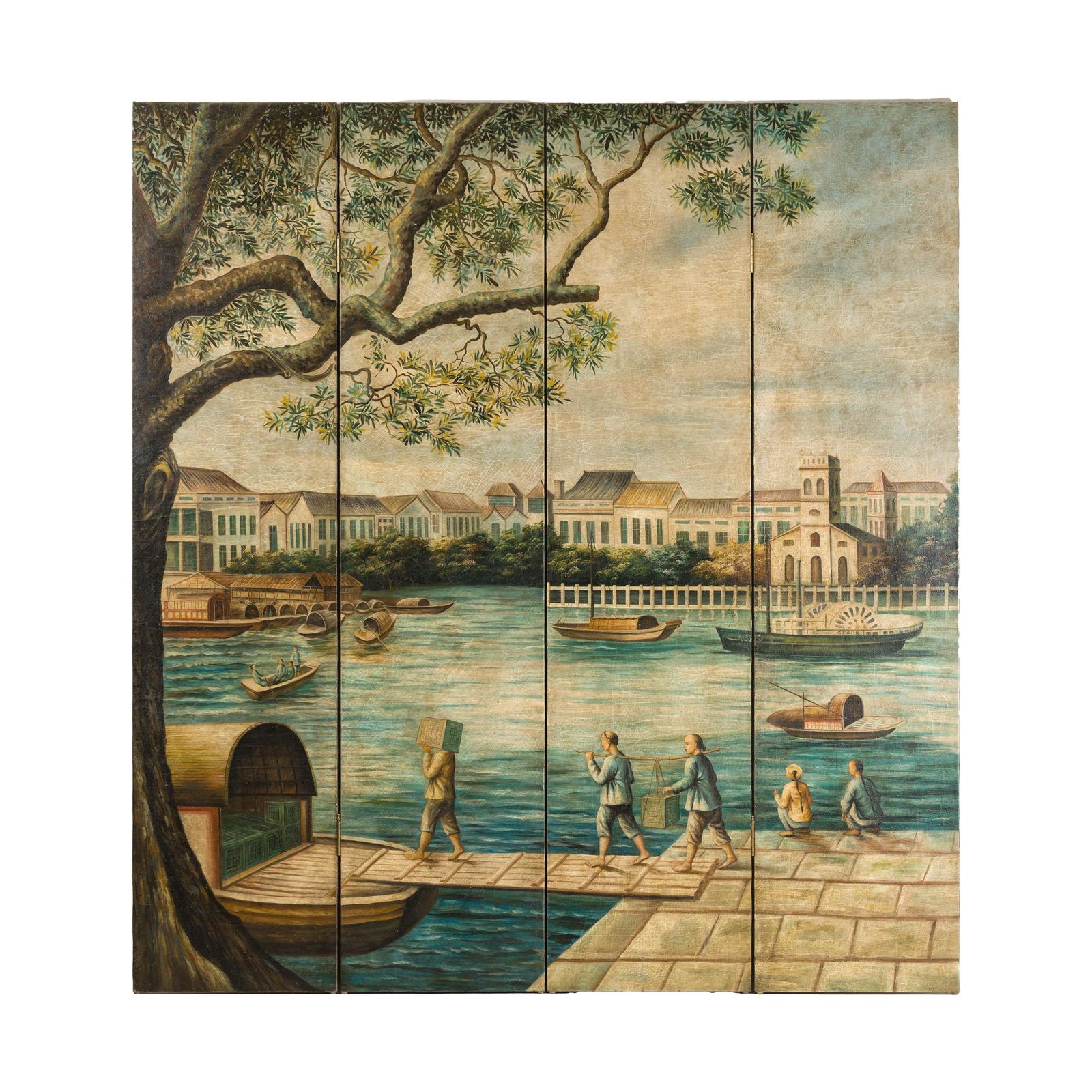 Four-Panel Painted Screen Depicting Boats and Riverside Figures-20. Asian &amp; Chinese Furniture, Art, Antiques, Vintage Home Décor for sale at FEA Home