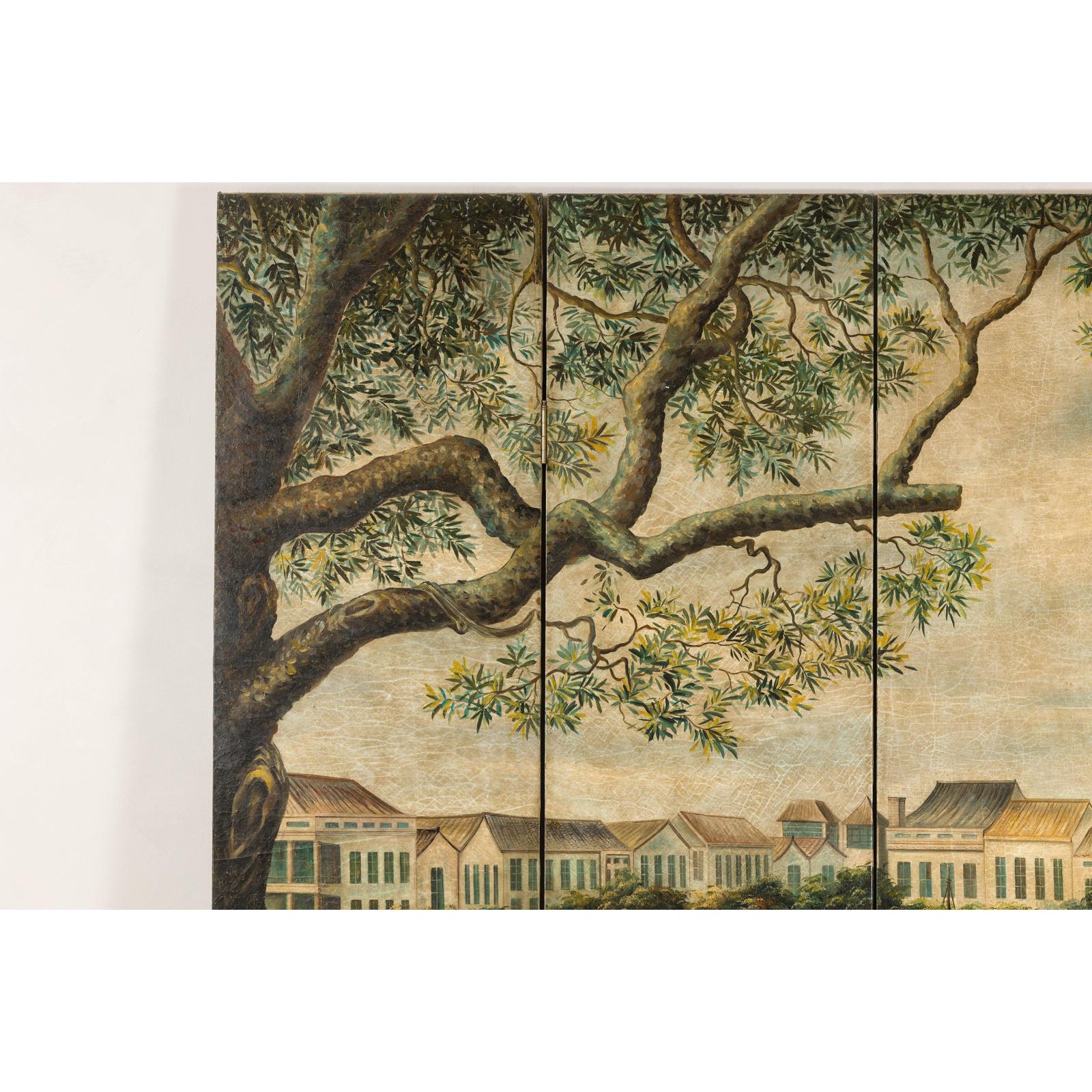 Four-Panel Painted Screen Depicting Boats and Riverside Figures-3. Asian &amp; Chinese Furniture, Art, Antiques, Vintage Home Décor for sale at FEA Home
