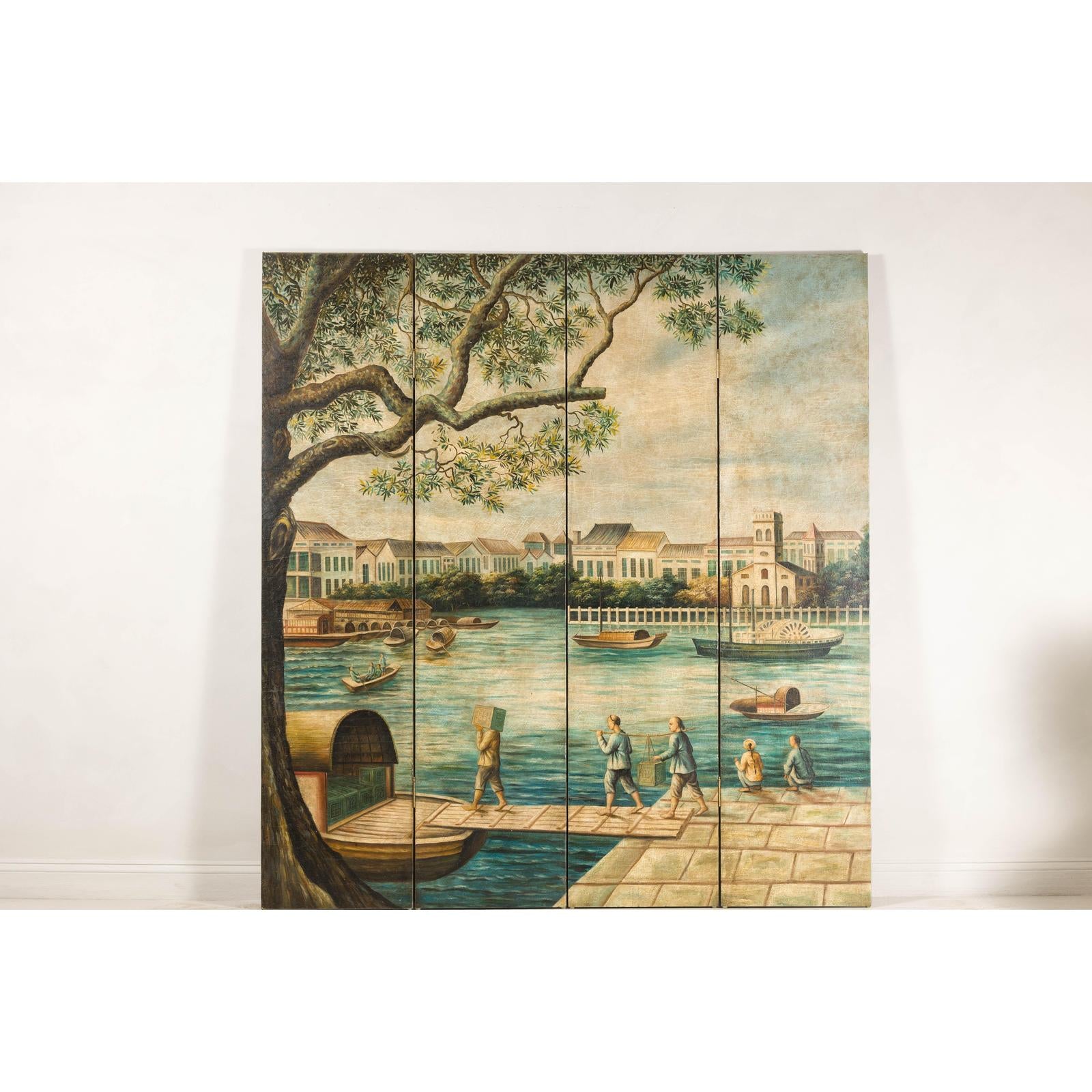 Four-Panel Painted Screen Depicting Boats and Riverside Figures-4. Asian &amp; Chinese Furniture, Art, Antiques, Vintage Home Décor for sale at FEA Home
