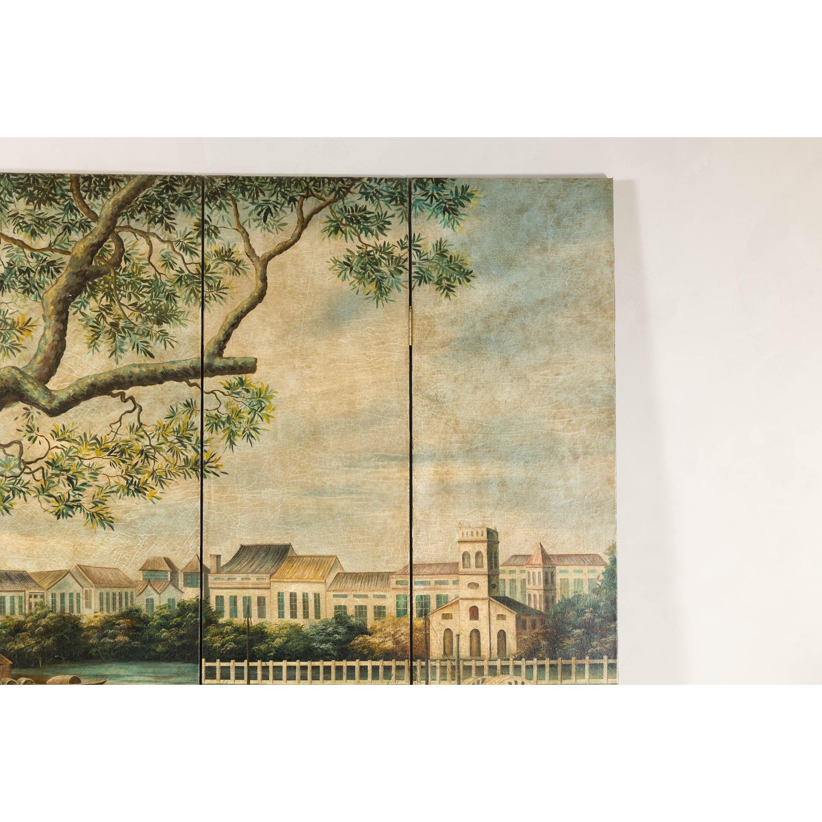 Four-Panel Painted Screen Depicting Boats and Riverside Figures-5. Asian &amp; Chinese Furniture, Art, Antiques, Vintage Home Décor for sale at FEA Home