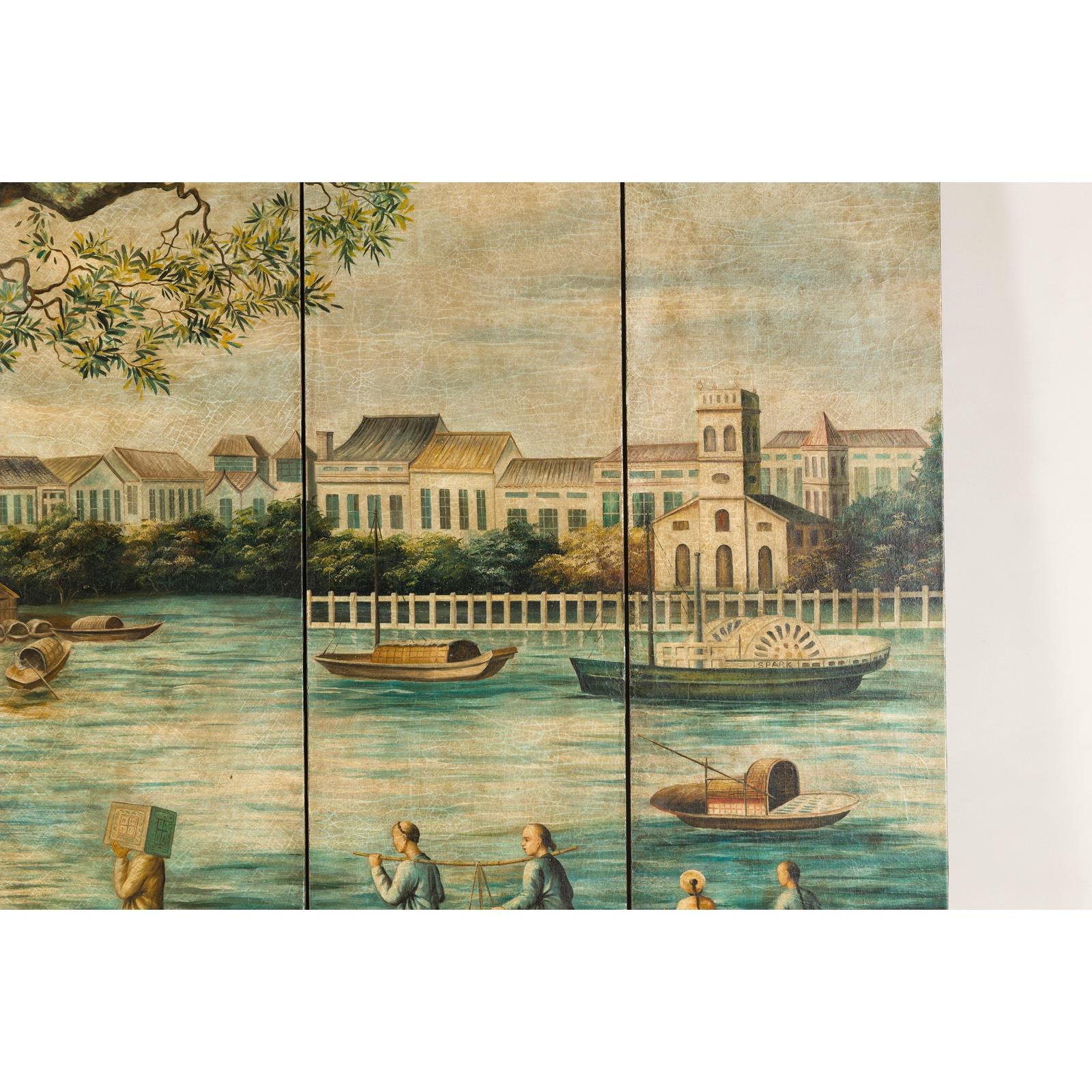 Four-Panel Painted Screen Depicting Boats and Riverside Figures-6. Asian &amp; Chinese Furniture, Art, Antiques, Vintage Home Décor for sale at FEA Home