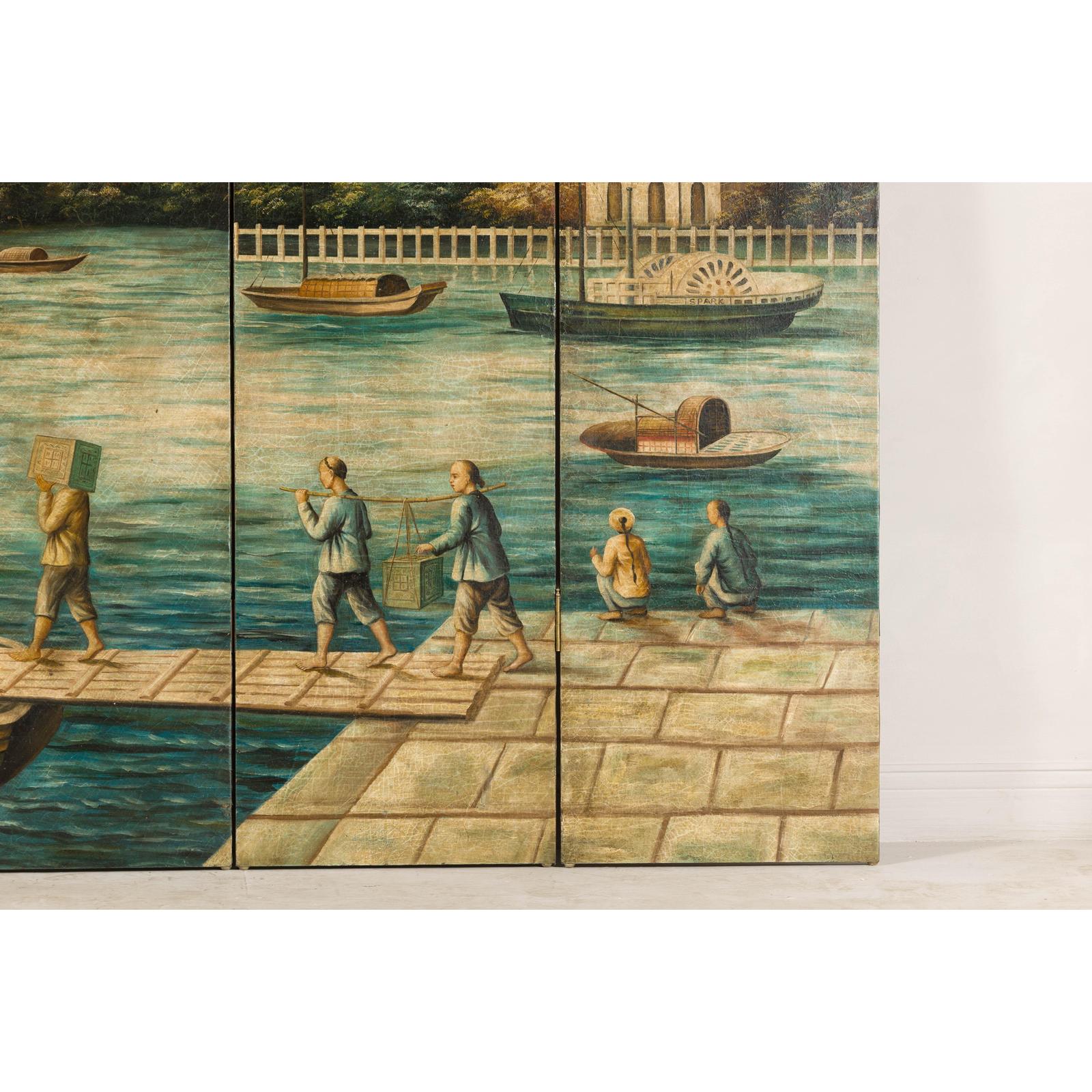 Four-Panel Painted Screen Depicting Boats and Riverside Figures-7. Asian &amp; Chinese Furniture, Art, Antiques, Vintage Home Décor for sale at FEA Home