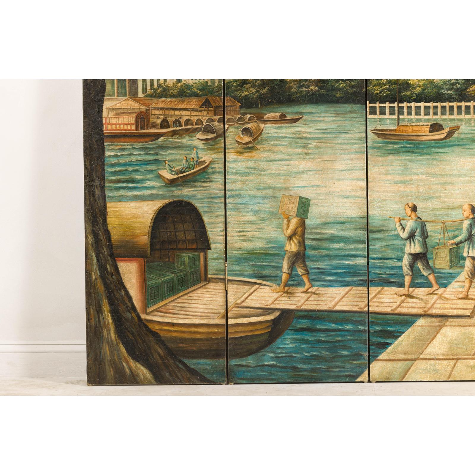 Four-Panel Painted Screen Depicting Boats and Riverside Figures-8. Asian &amp; Chinese Furniture, Art, Antiques, Vintage Home Décor for sale at FEA Home