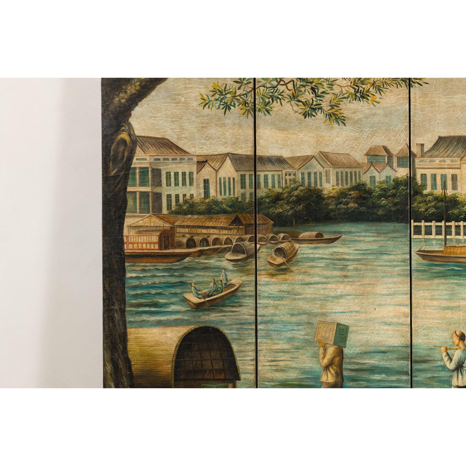 Four-Panel Painted Screen Depicting Boats and Riverside Figures-9. Asian &amp; Chinese Furniture, Art, Antiques, Vintage Home Décor for sale at FEA Home