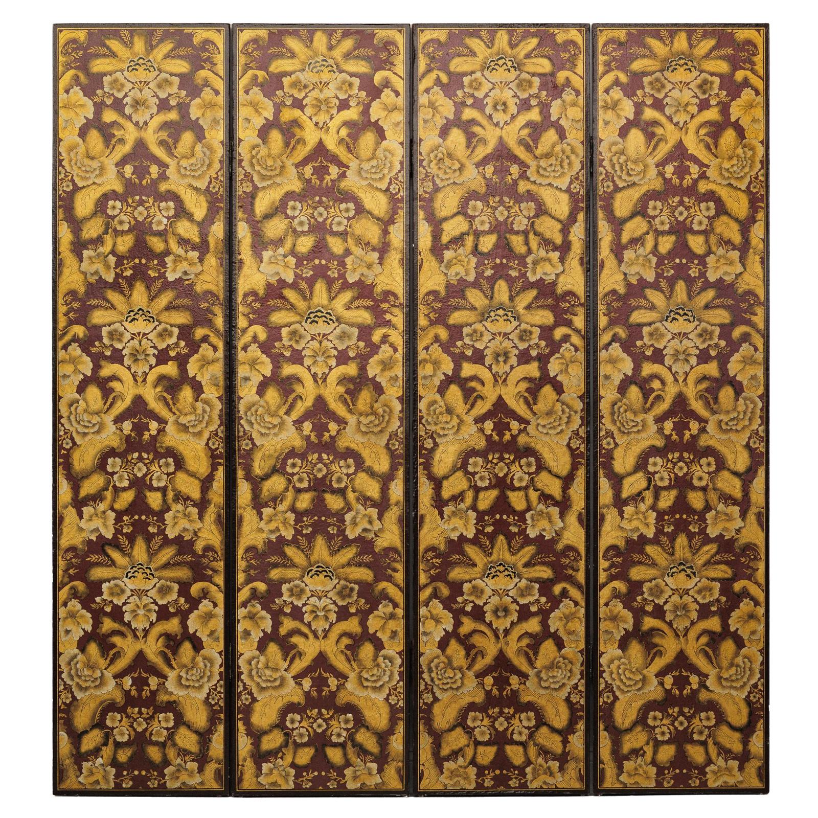 Four-Panel Red and Gold Screen with Hand-Painted Floral and Foliate Motifs-1. Asian & Chinese Furniture, Art, Antiques, Vintage Home Décor for sale at FEA Home