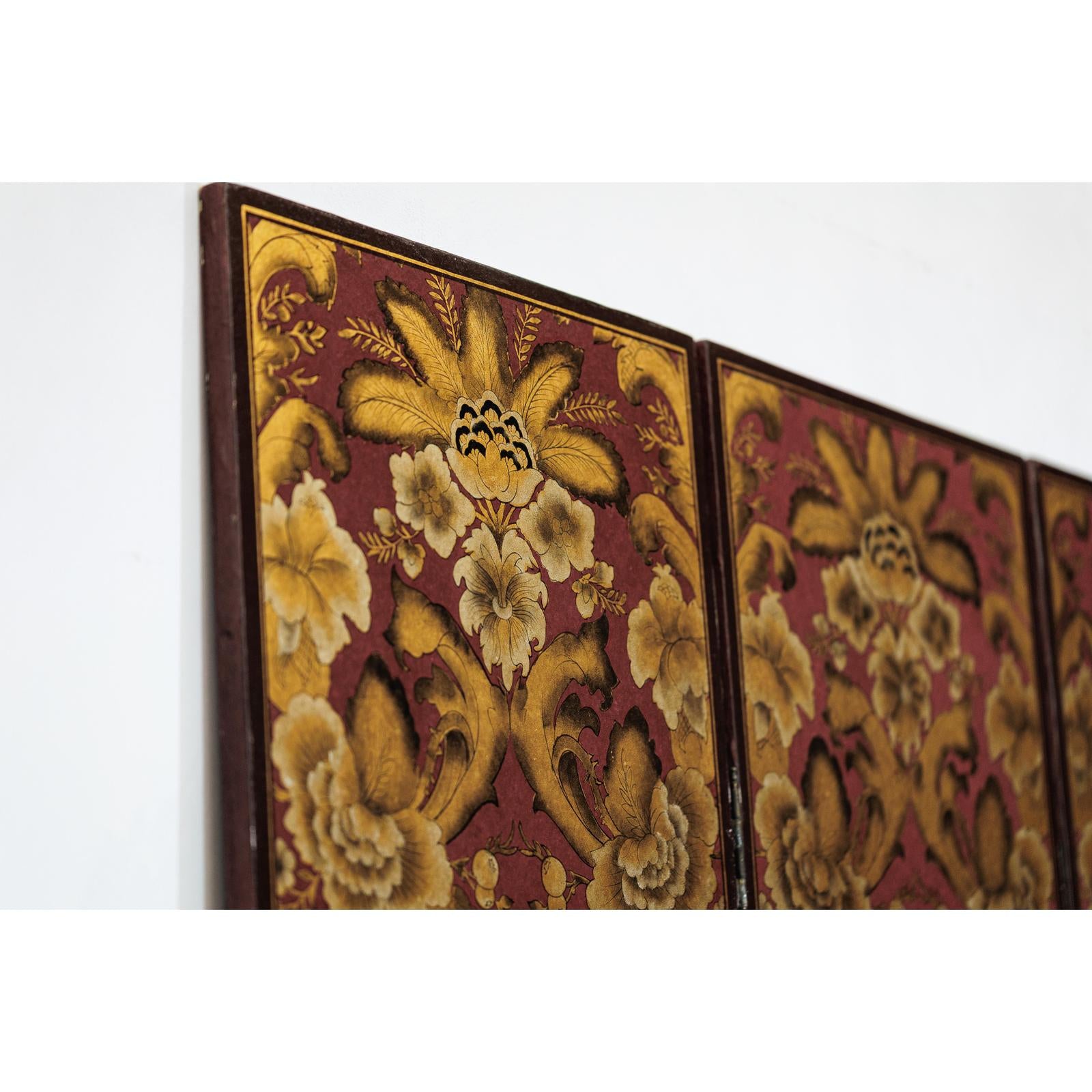 Four-Panel Red and Gold Screen with Hand-Painted Floral and Foliate Motifs-10. Asian &amp; Chinese Furniture, Art, Antiques, Vintage Home Décor for sale at FEA Home