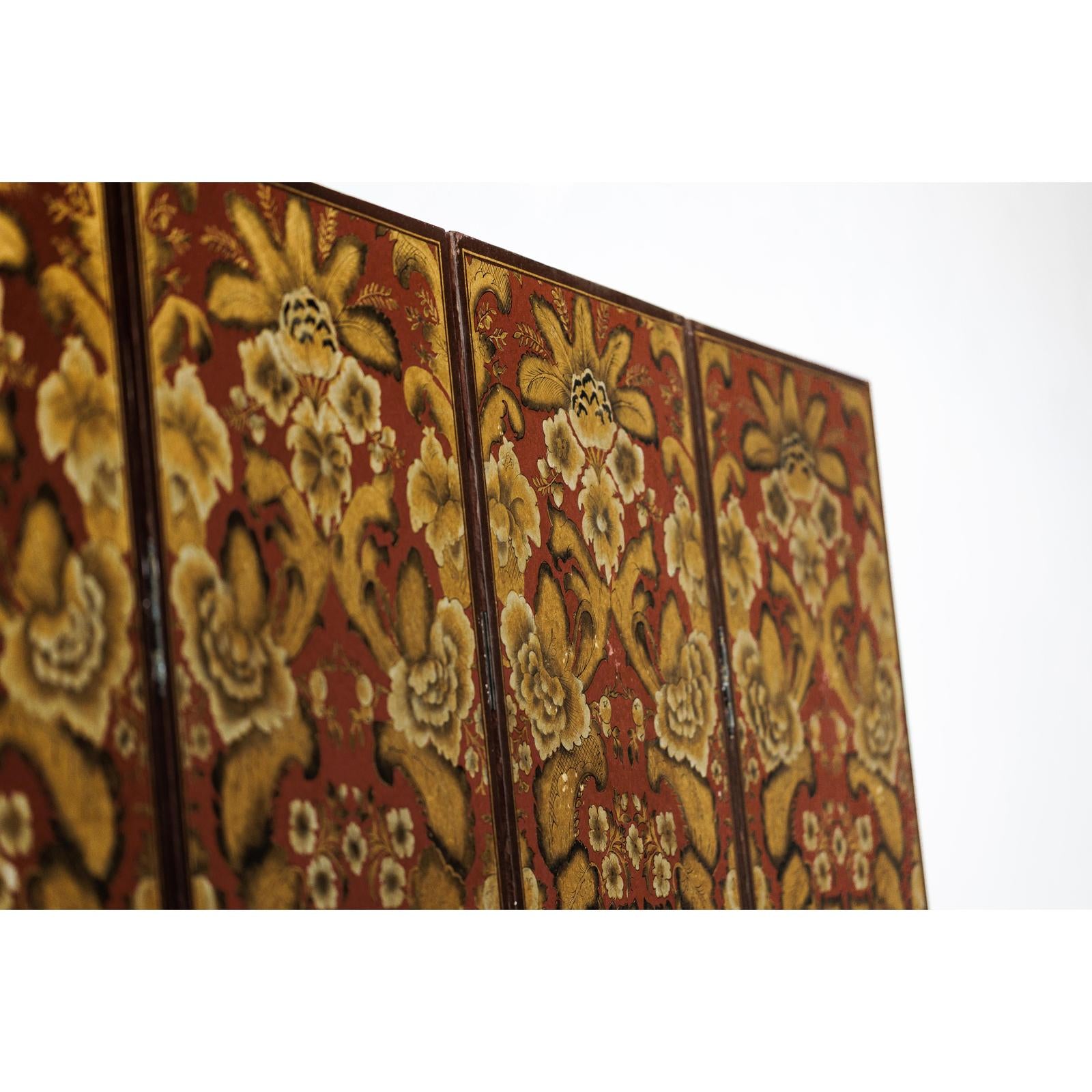 Four-Panel Red and Gold Screen with Hand-Painted Floral and Foliate Motifs-11. Asian &amp; Chinese Furniture, Art, Antiques, Vintage Home Décor for sale at FEA Home
