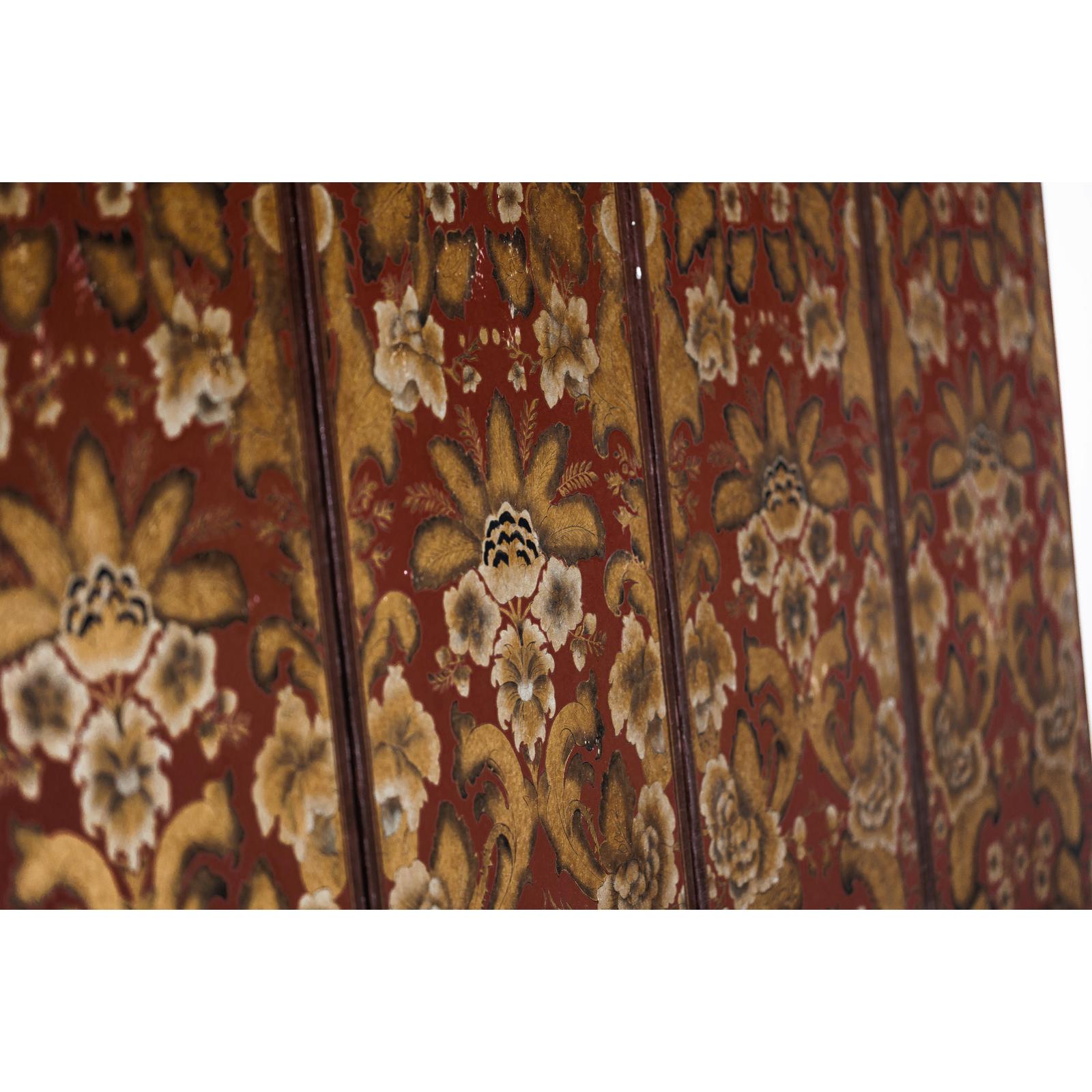 Four-Panel Red and Gold Screen with Hand-Painted Floral and Foliate Motifs-12. Asian &amp; Chinese Furniture, Art, Antiques, Vintage Home Décor for sale at FEA Home
