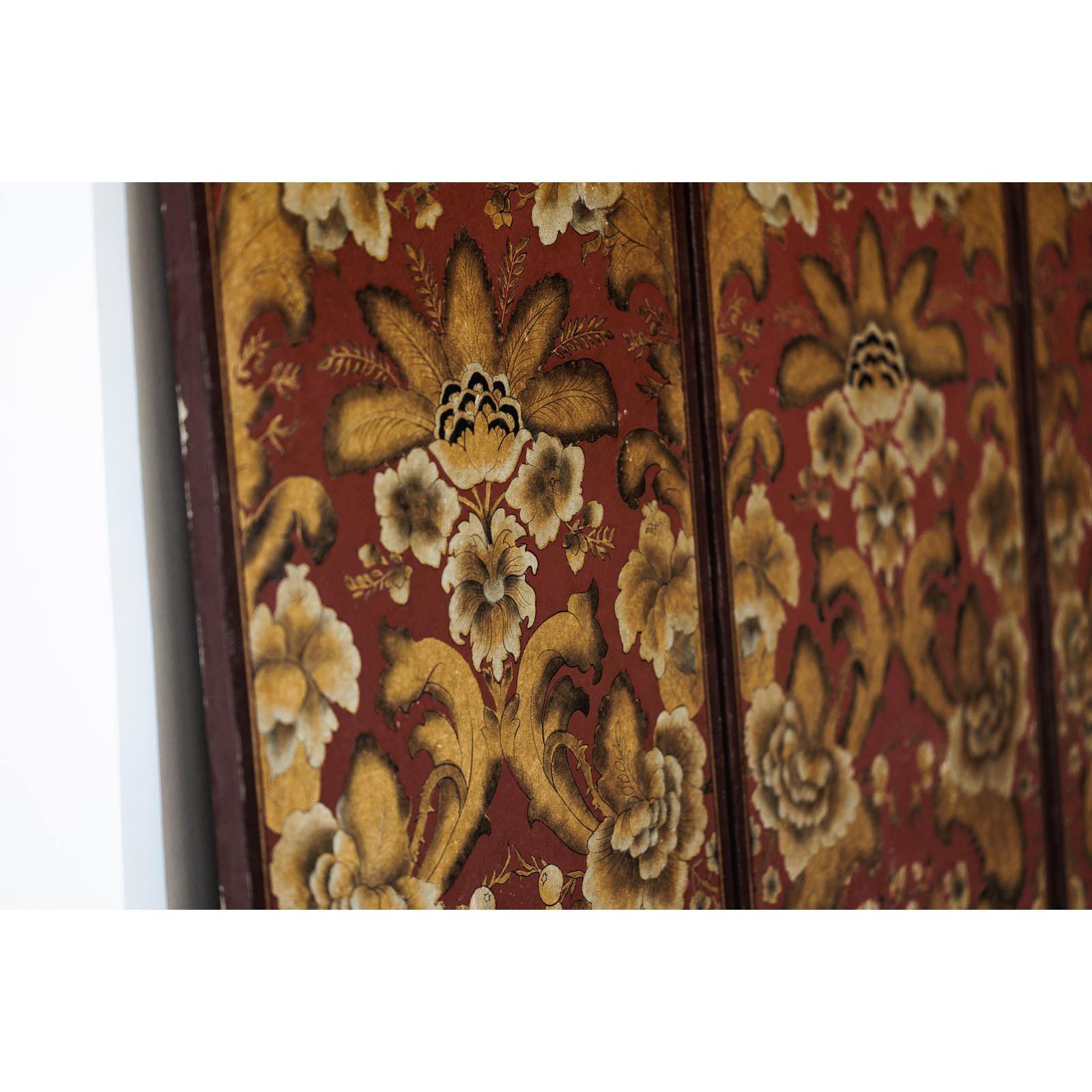 Four-Panel Red and Gold Screen with Hand-Painted Floral and Foliate Motifs-13. Asian &amp; Chinese Furniture, Art, Antiques, Vintage Home Décor for sale at FEA Home