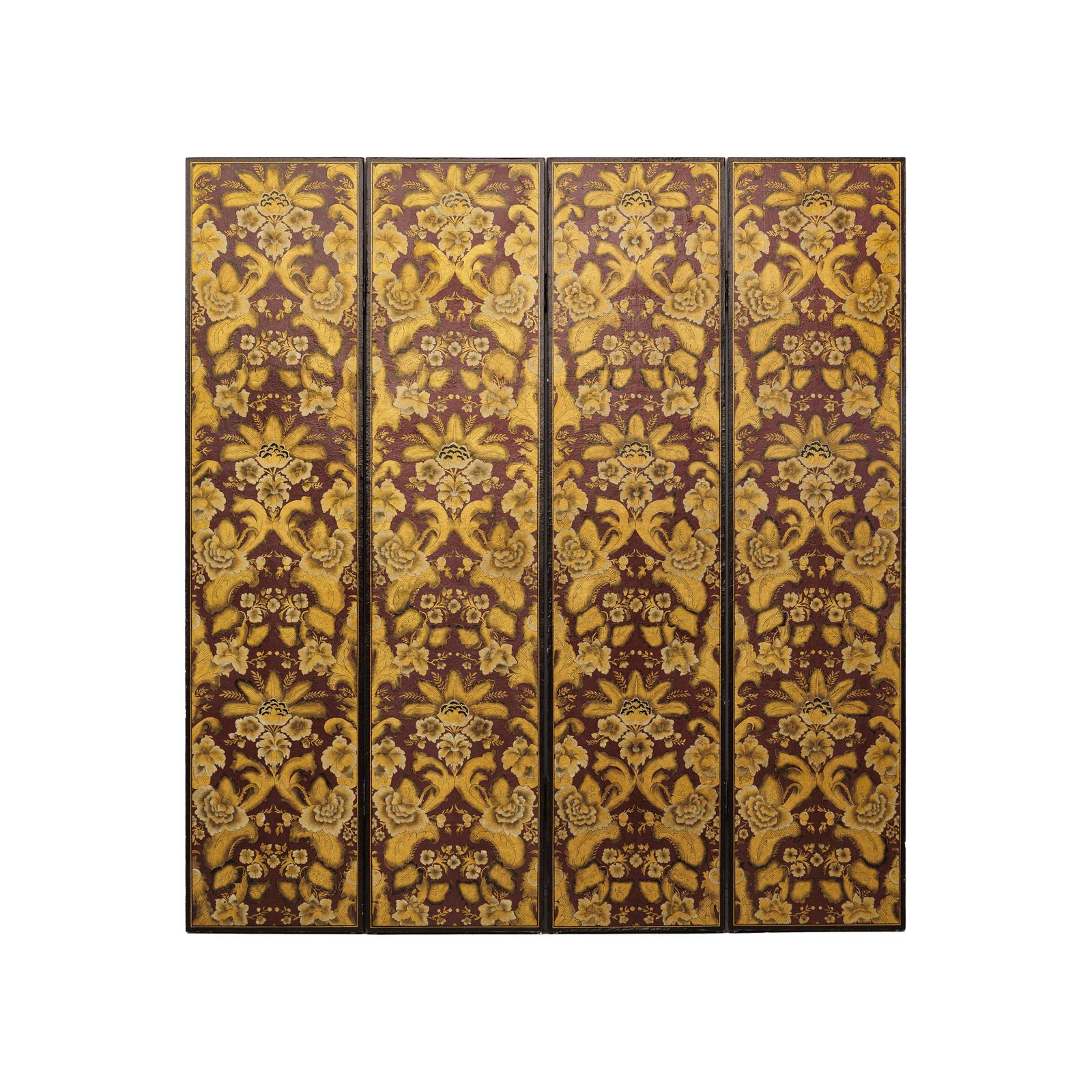 Four-Panel Red and Gold Screen with Hand-Painted Floral and Foliate Motifs-14. Asian &amp; Chinese Furniture, Art, Antiques, Vintage Home Décor for sale at FEA Home