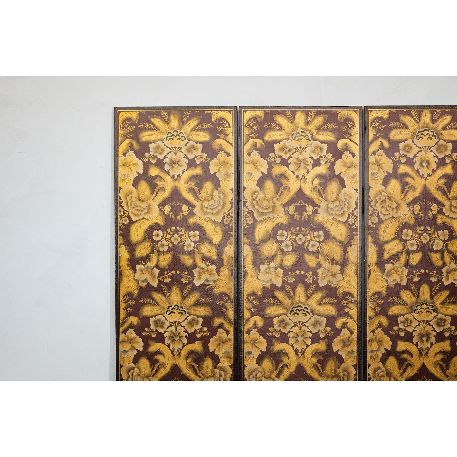Four-Panel Red and Gold Screen with Hand-Painted Floral and Foliate Motifs-3. Asian &amp; Chinese Furniture, Art, Antiques, Vintage Home Décor for sale at FEA Home