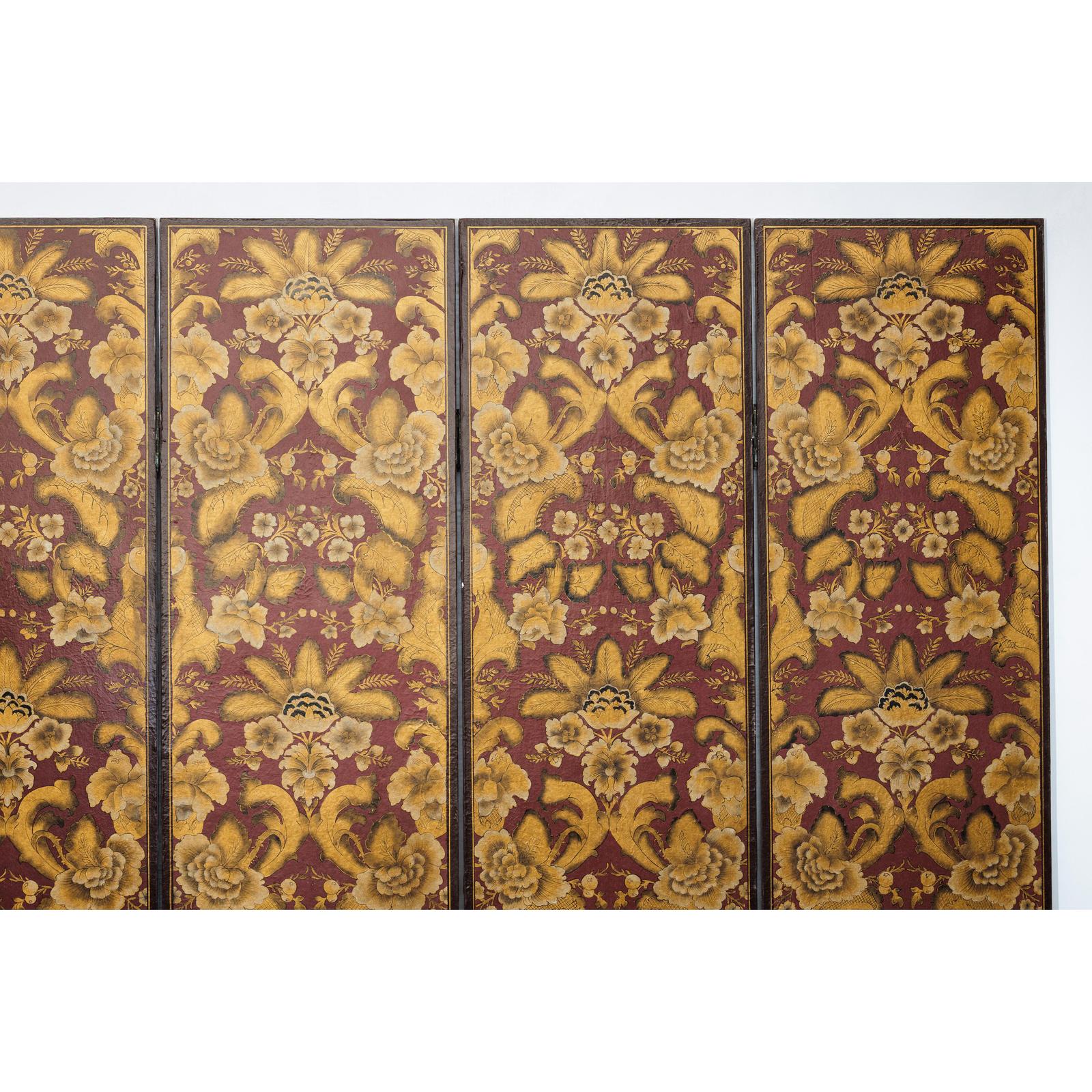 Four-Panel Red and Gold Screen with Hand-Painted Floral and Foliate Motifs-4. Asian &amp; Chinese Furniture, Art, Antiques, Vintage Home Décor for sale at FEA Home