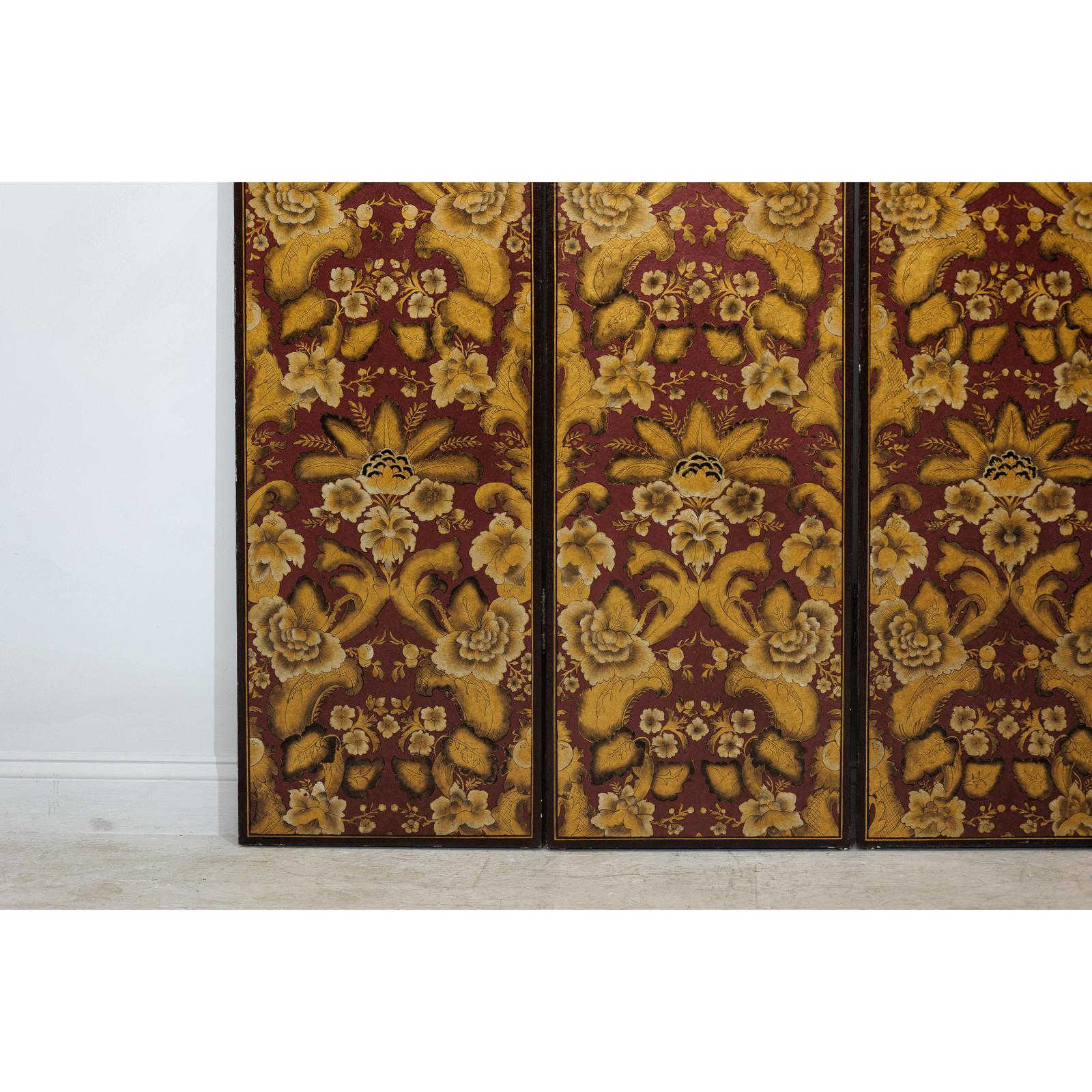 Four-Panel Red and Gold Screen with Hand-Painted Floral and Foliate Motifs-7. Asian &amp; Chinese Furniture, Art, Antiques, Vintage Home Décor for sale at FEA Home