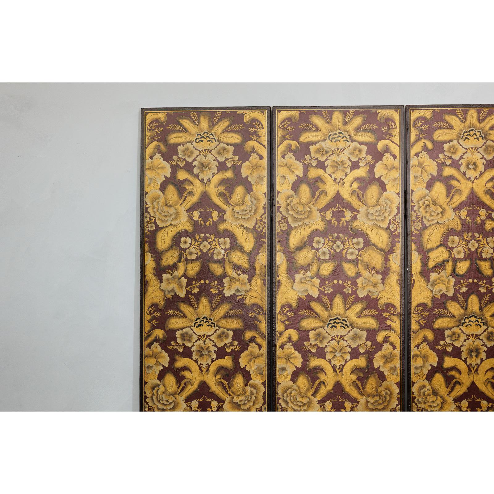 Four-Panel Red and Gold Screen with Hand-Painted Floral and Foliate Motifs-9. Asian &amp; Chinese Furniture, Art, Antiques, Vintage Home Décor for sale at FEA Home