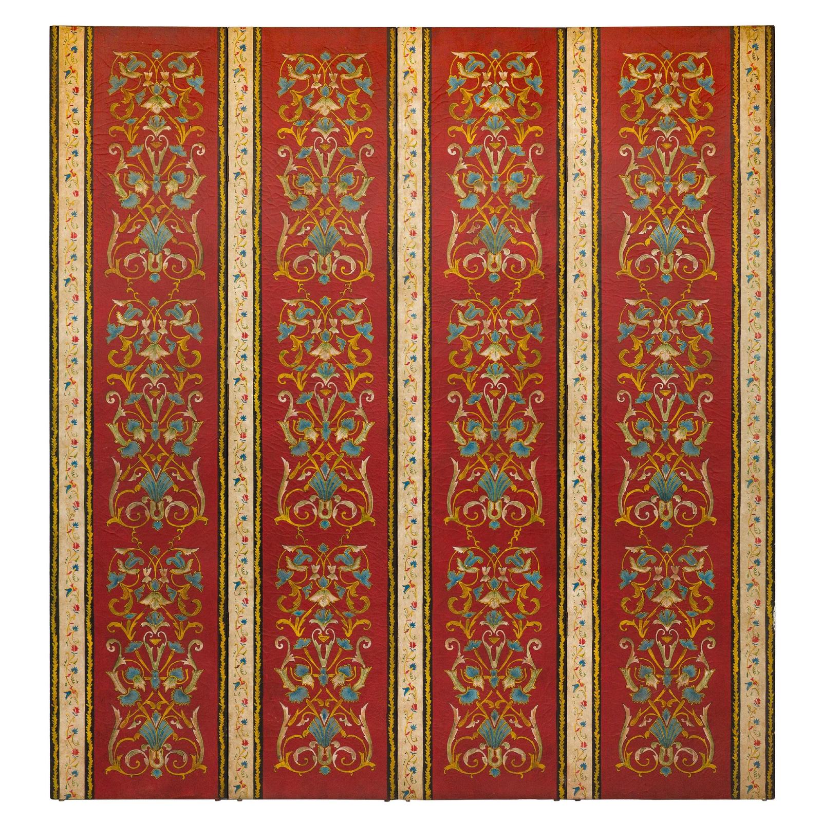Four-Panel Red Lacquer Folding Screen with Hand-Painted Floral Scrollwork-1. Asian & Chinese Furniture, Art, Antiques, Vintage Home Décor for sale at FEA Home