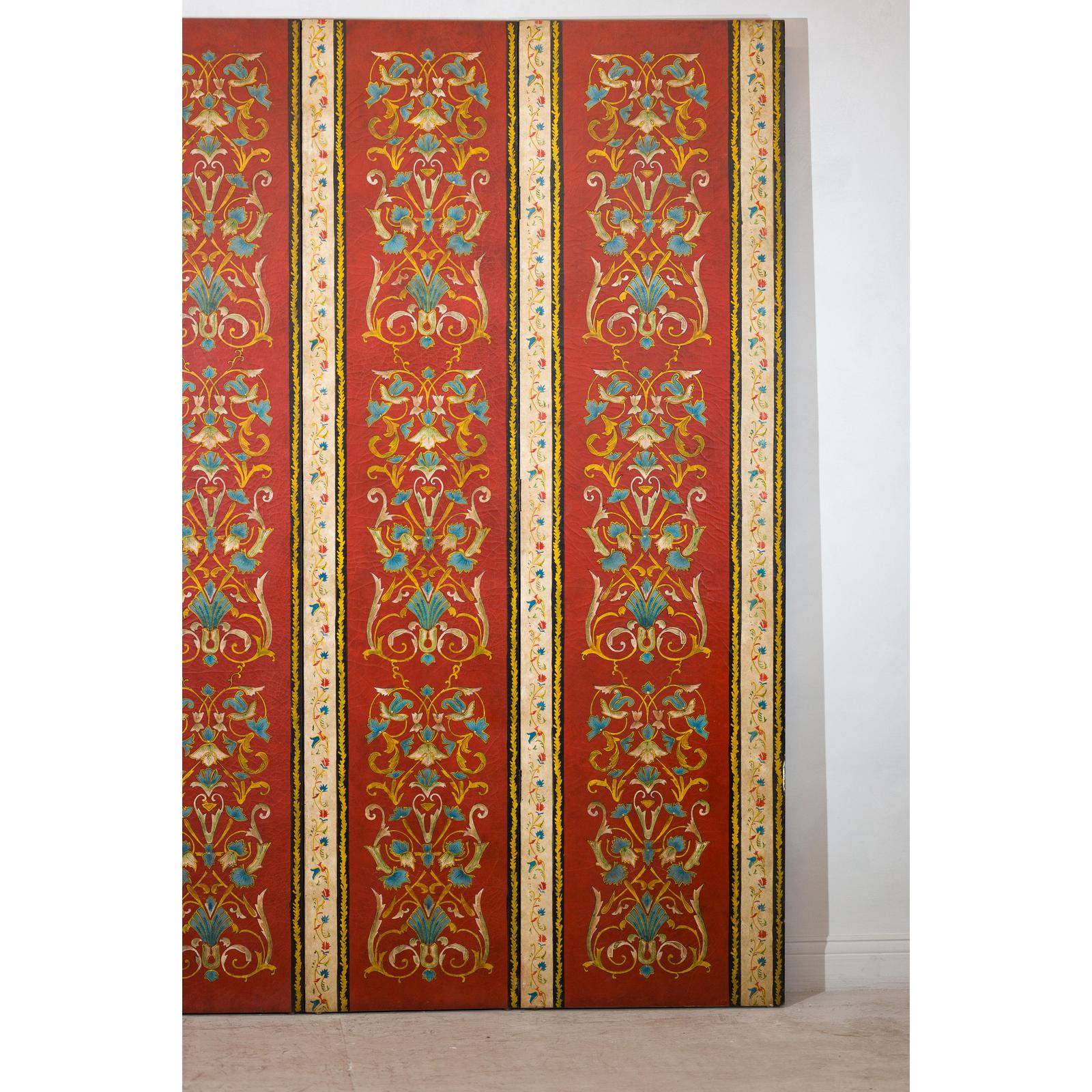 Four-Panel Red Lacquer Folding Screen with Hand-Painted Floral Scrollwork-10. Asian &amp; Chinese Furniture, Art, Antiques, Vintage Home Décor for sale at FEA Home