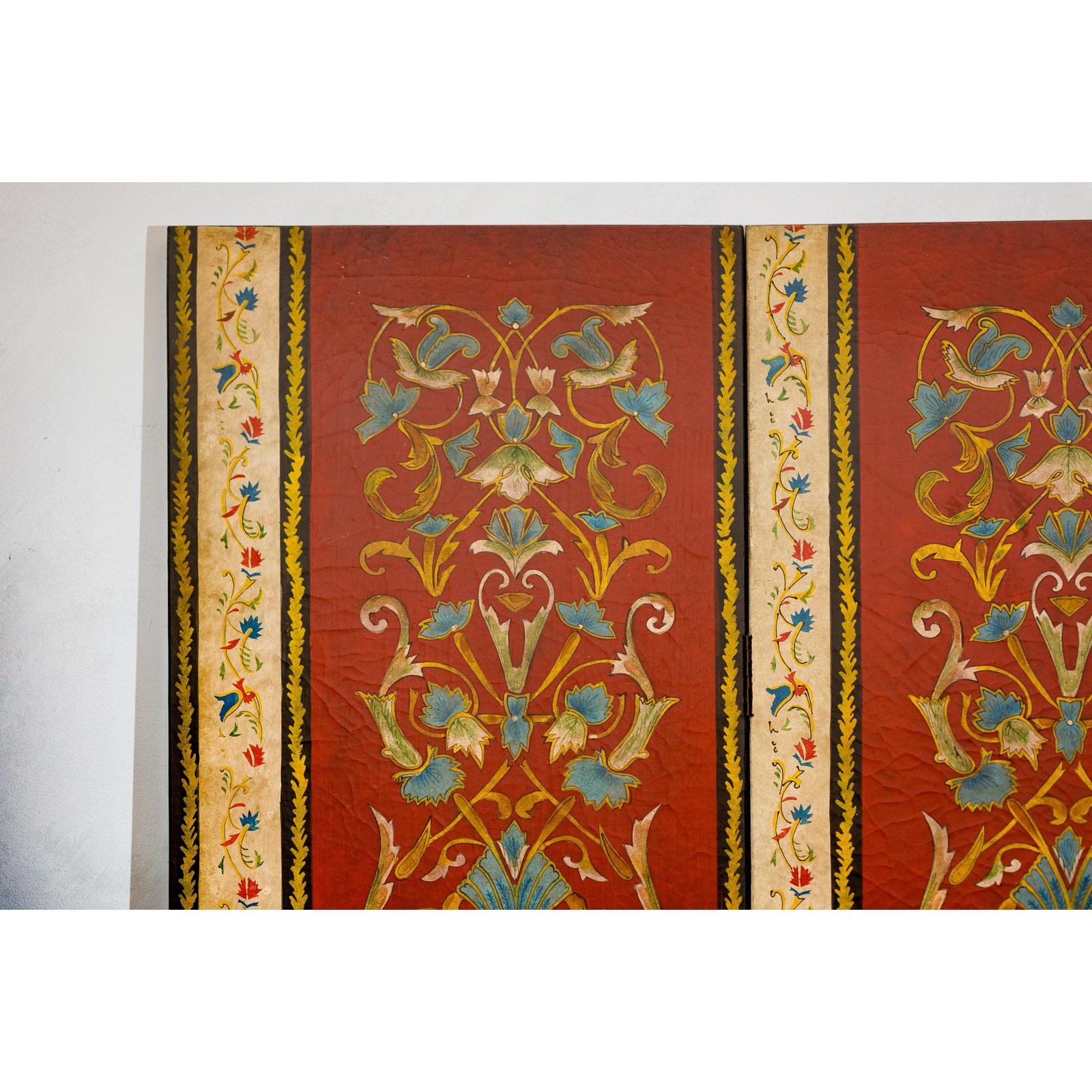 Four-Panel Red Lacquer Folding Screen with Hand-Painted Floral Scrollwork-11. Asian &amp; Chinese Furniture, Art, Antiques, Vintage Home Décor for sale at FEA Home