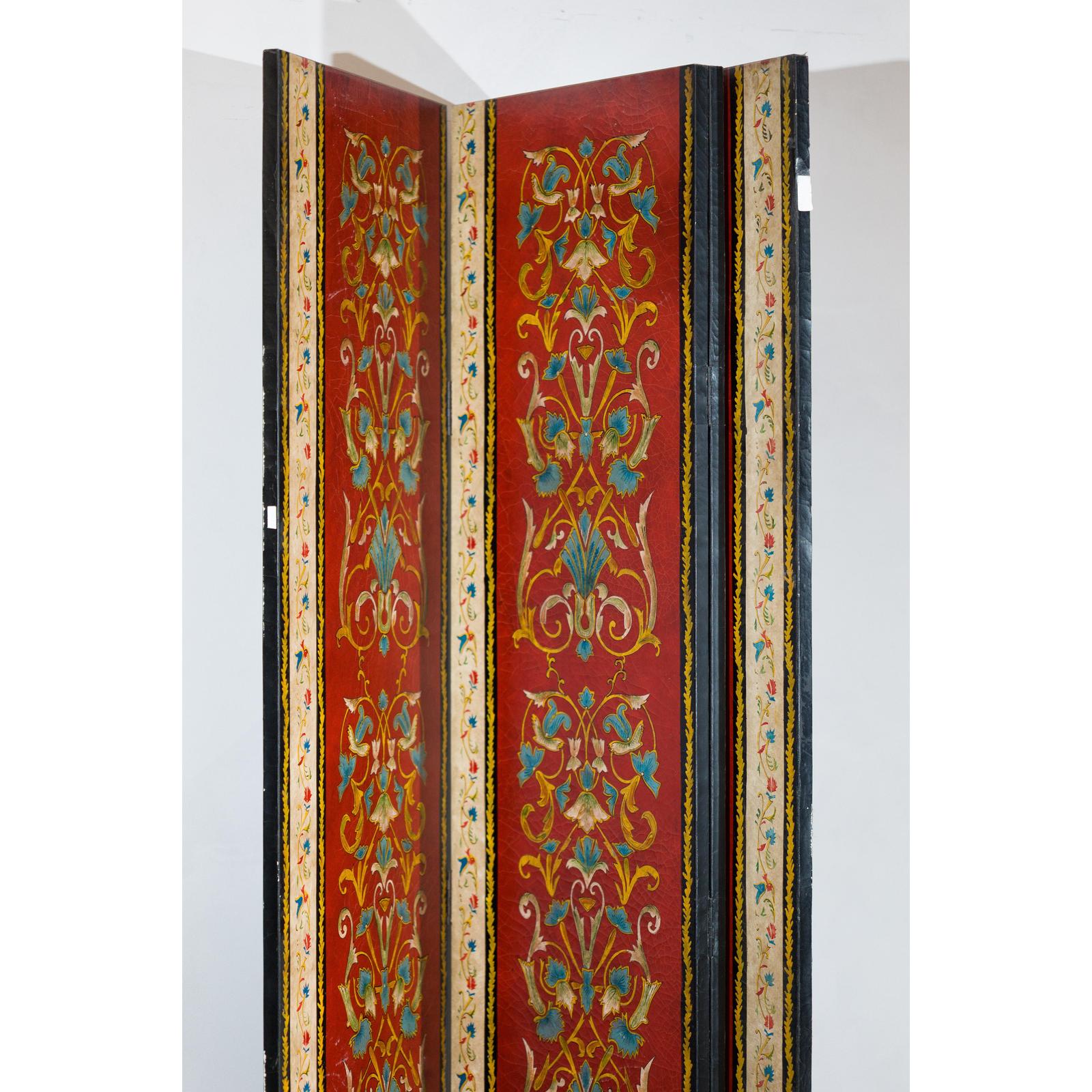 Four-Panel Red Lacquer Folding Screen with Hand-Painted Floral Scrollwork-17. Asian &amp; Chinese Furniture, Art, Antiques, Vintage Home Décor for sale at FEA Home