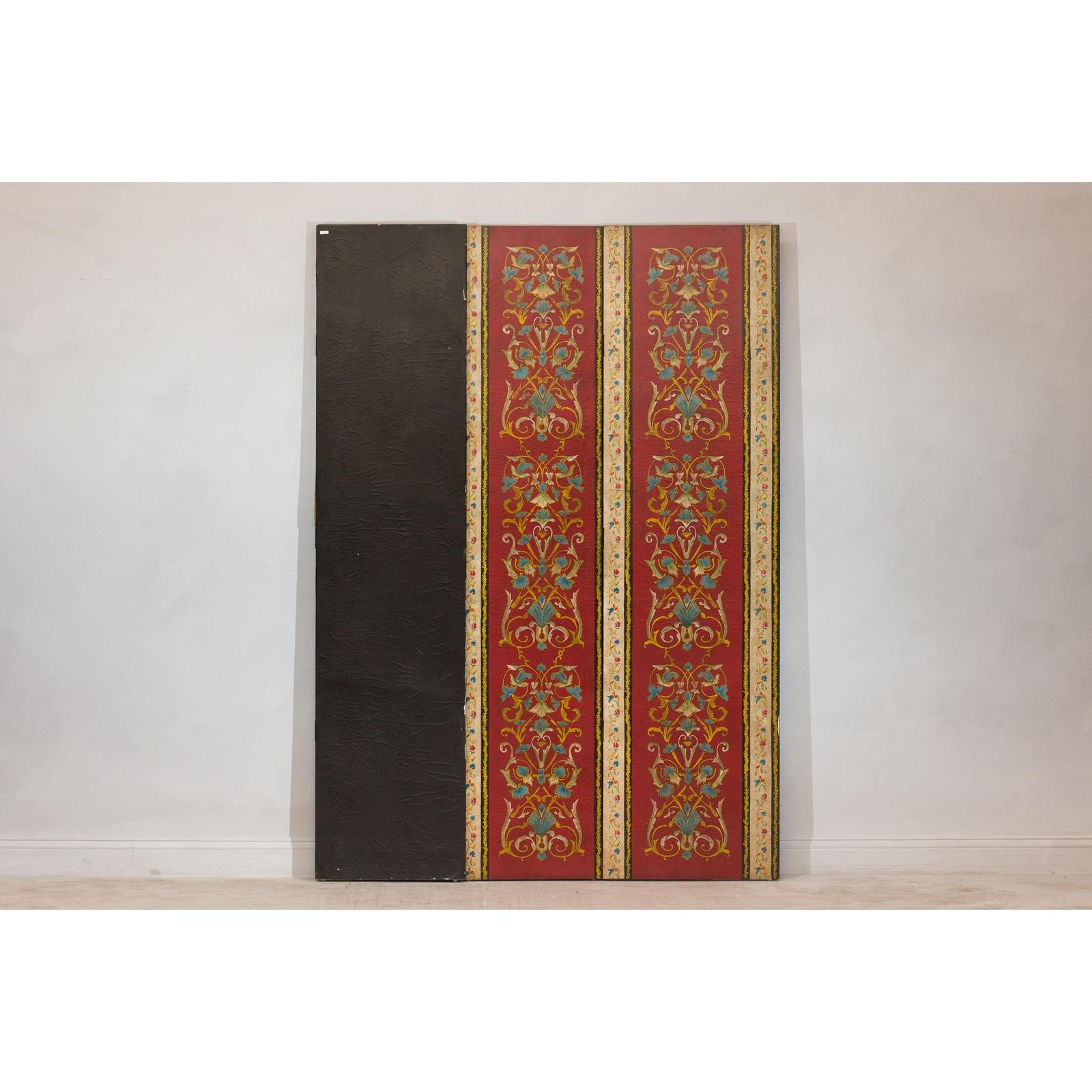 Four-Panel Red Lacquer Folding Screen with Hand-Painted Floral Scrollwork-18. Asian &amp; Chinese Furniture, Art, Antiques, Vintage Home Décor for sale at FEA Home