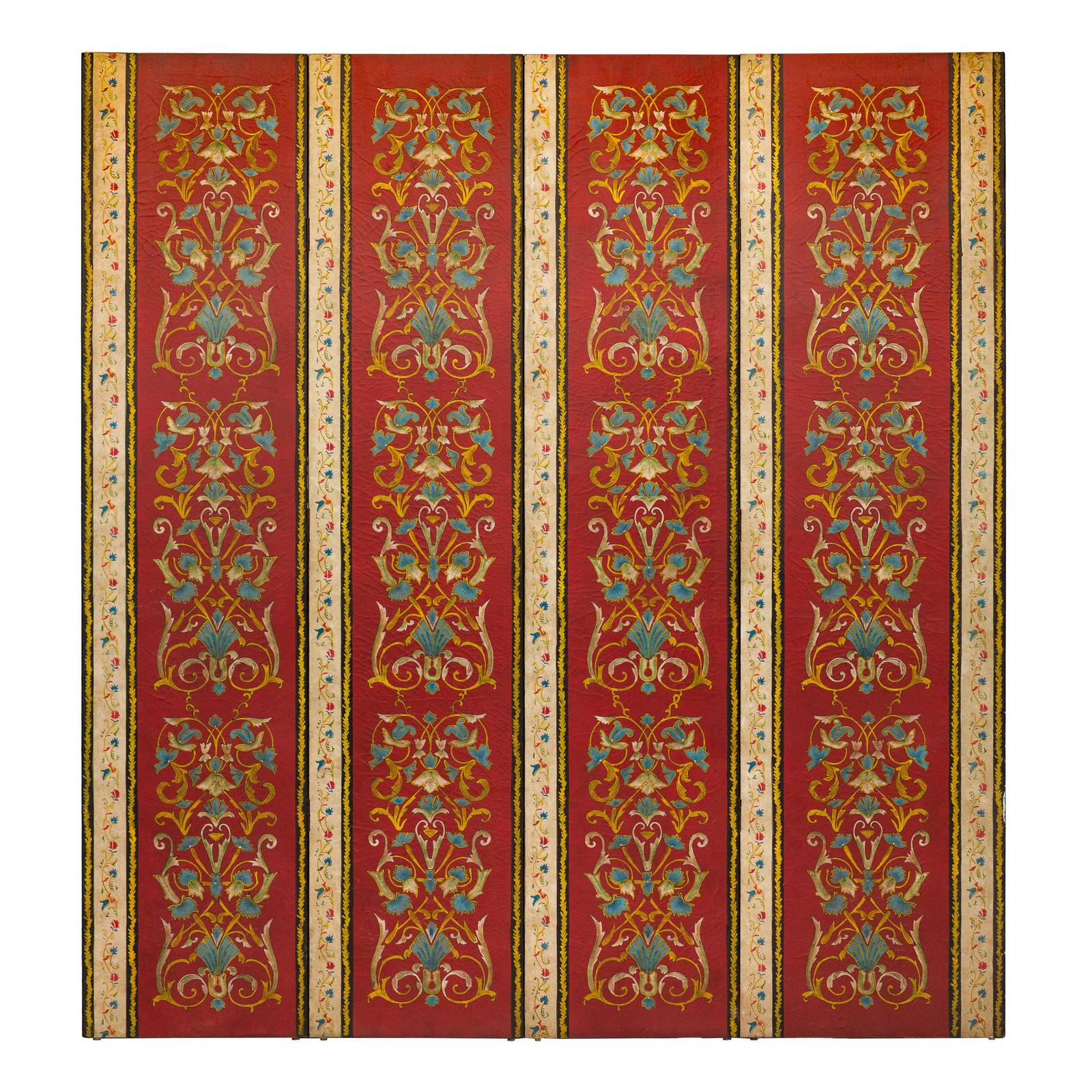 Four-Panel Red Lacquer Folding Screen with Hand-Painted Floral Scrollwork-19. Asian &amp; Chinese Furniture, Art, Antiques, Vintage Home Décor for sale at FEA Home