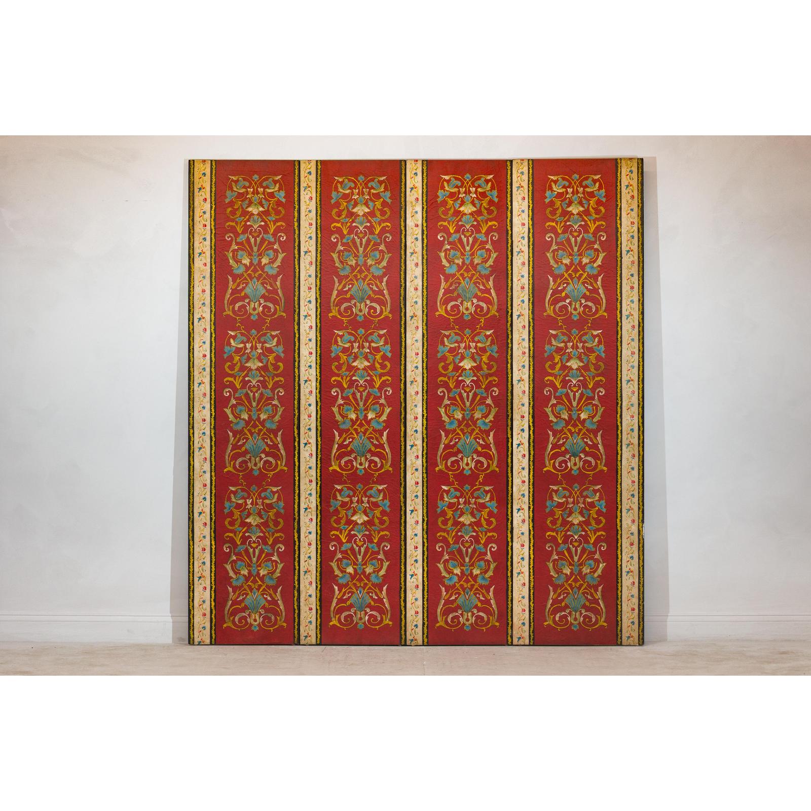 Four-Panel Red Lacquer Folding Screen with Hand-Painted Floral Scrollwork-2. Asian & Chinese Furniture, Art, Antiques, Vintage Home Décor for sale at FEA Home