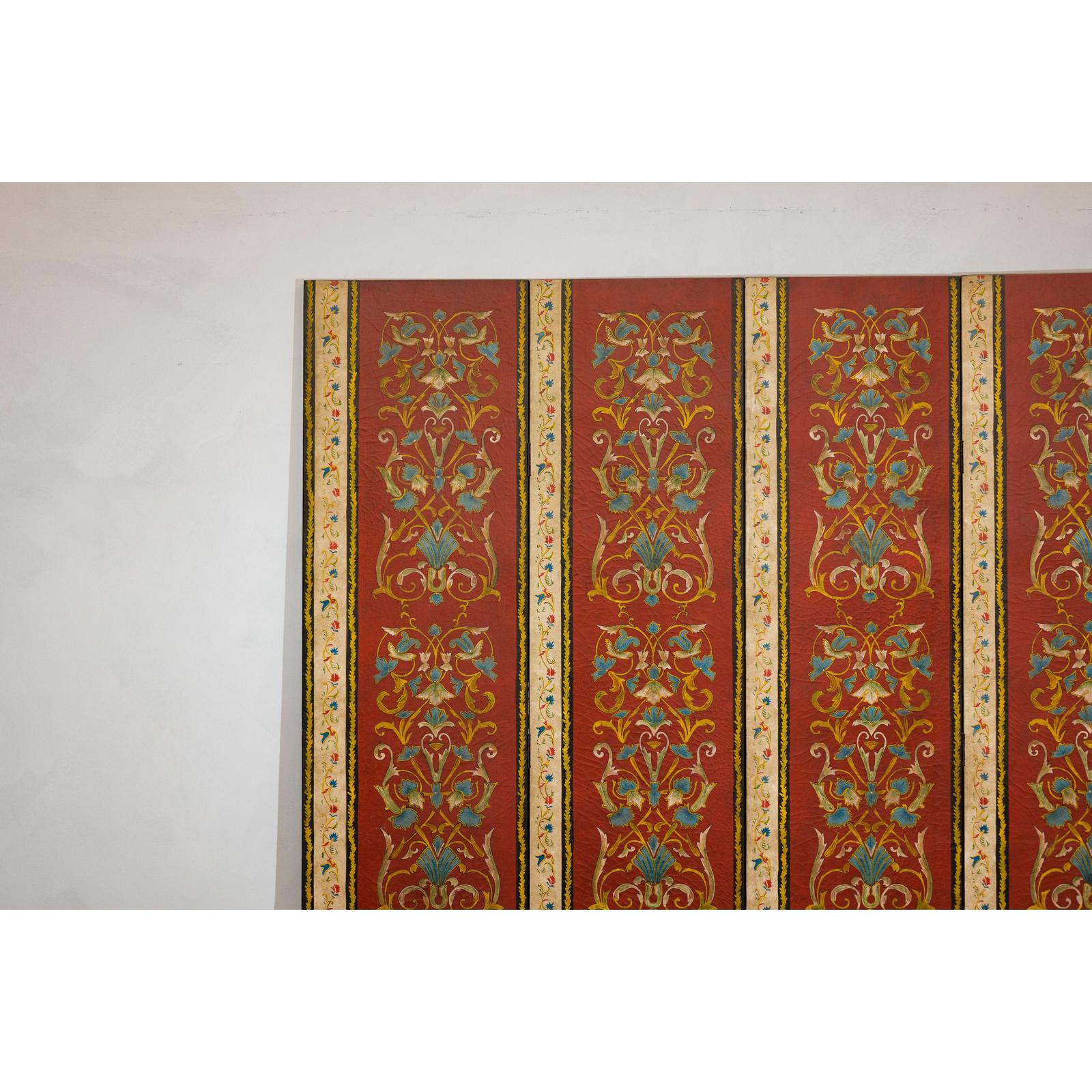 Four-Panel Red Folding Screen with Floral Scrollwork | FEA Home