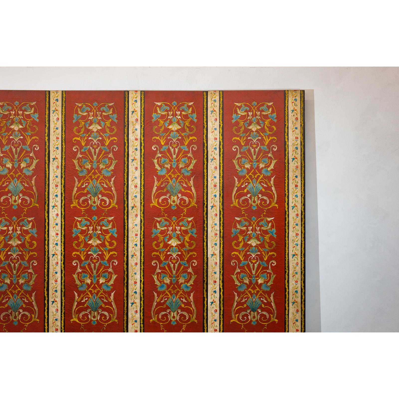 Four-Panel Red Lacquer Folding Screen with Hand-Painted Floral Scrollwork-4. Asian &amp; Chinese Furniture, Art, Antiques, Vintage Home Décor for sale at FEA Home