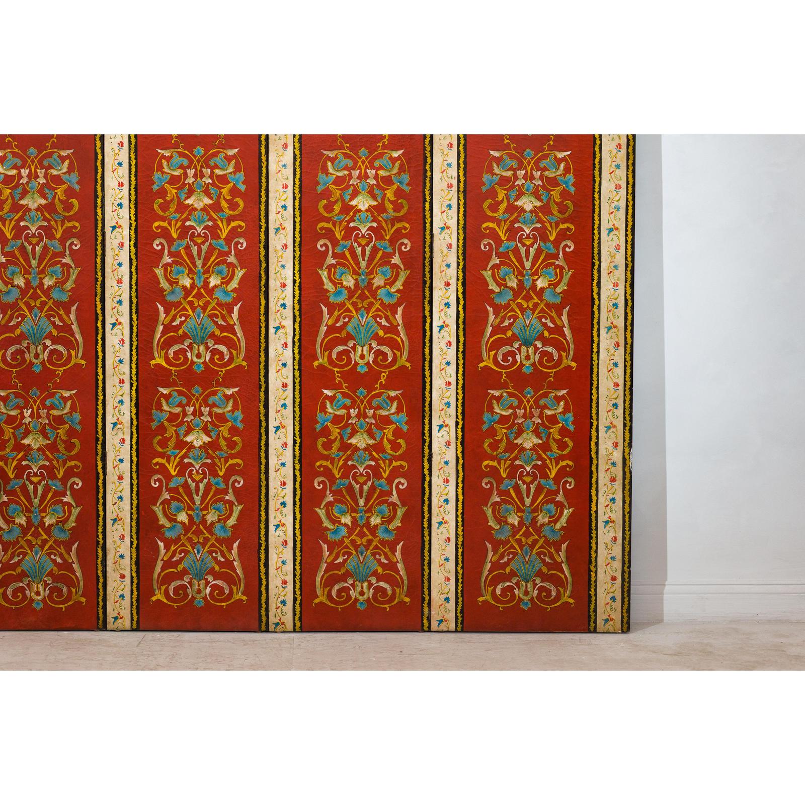 Four-Panel Red Lacquer Folding Screen with Hand-Painted Floral Scrollwork-5. Asian &amp; Chinese Furniture, Art, Antiques, Vintage Home Décor for sale at FEA Home