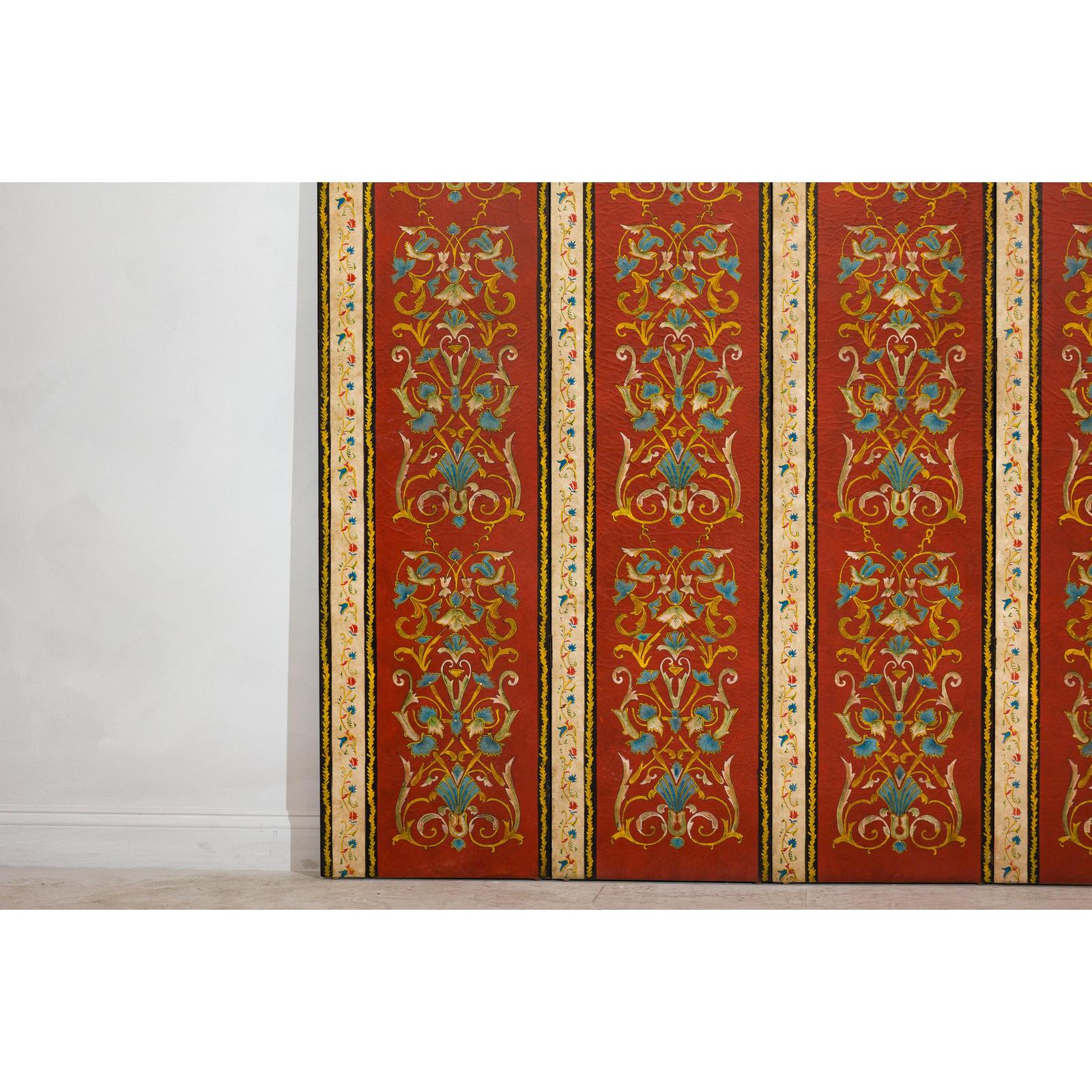 Four-Panel Red Lacquer Folding Screen with Hand-Painted Floral Scrollwork-6. Asian &amp; Chinese Furniture, Art, Antiques, Vintage Home Décor for sale at FEA Home