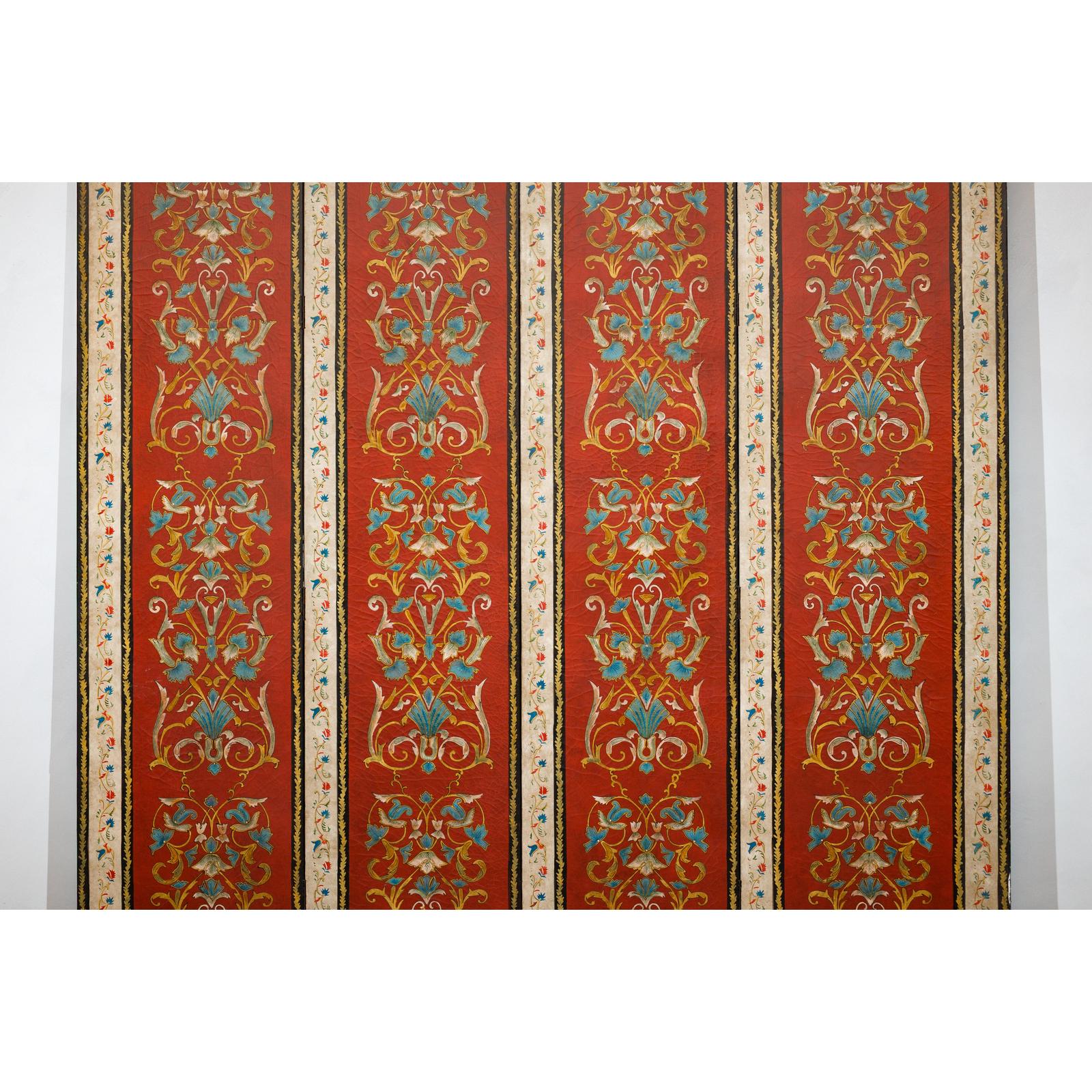 Four-Panel Red Lacquer Folding Screen with Hand-Painted Floral Scrollwork-7. Asian &amp; Chinese Furniture, Art, Antiques, Vintage Home Décor for sale at FEA Home