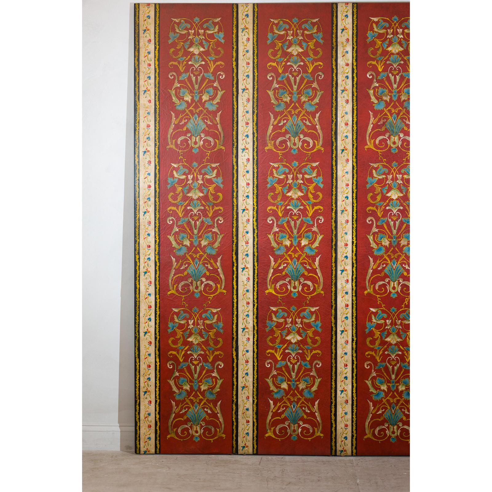 Four-Panel Red Lacquer Folding Screen with Hand-Painted Floral Scrollwork-8. Asian &amp; Chinese Furniture, Art, Antiques, Vintage Home Décor for sale at FEA Home