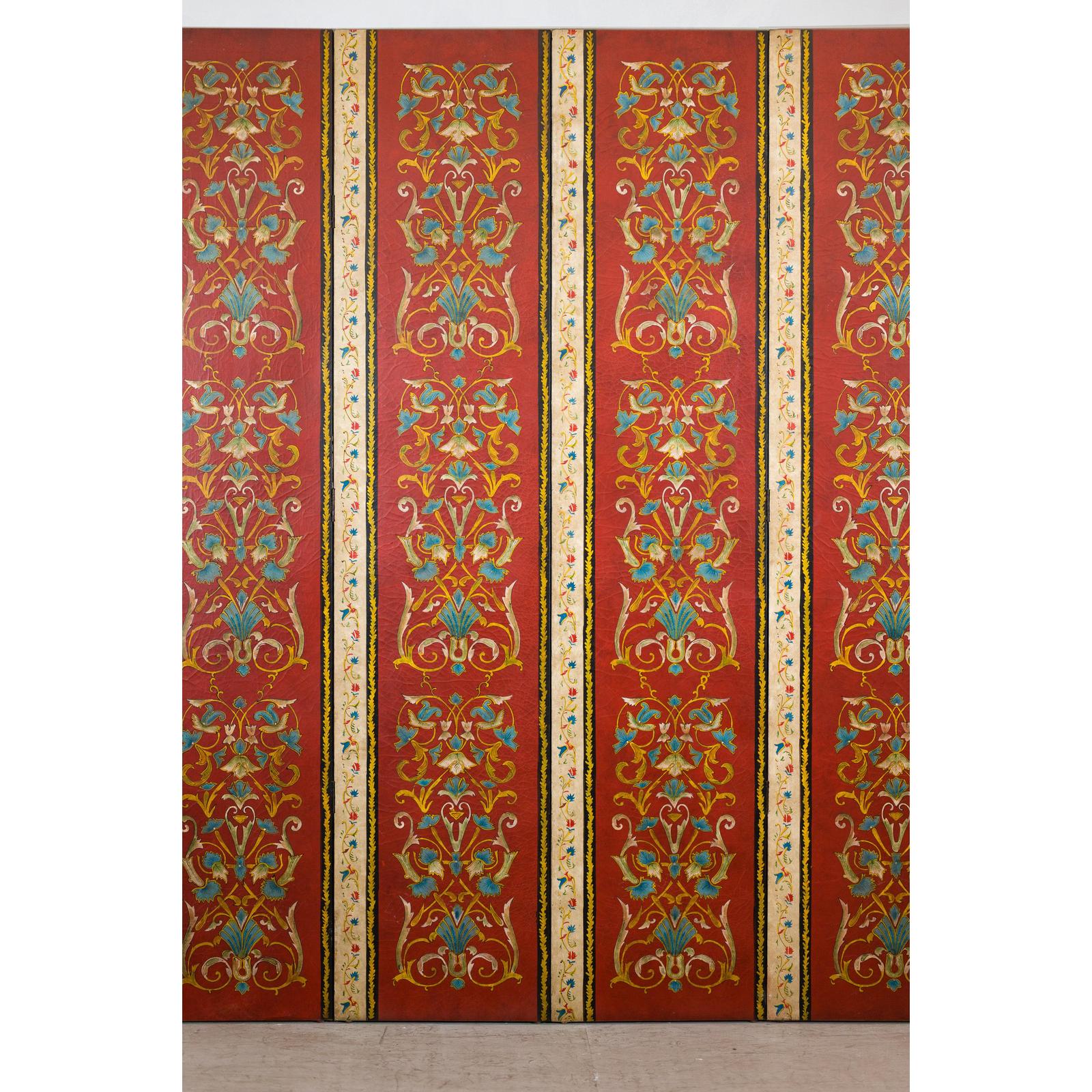 Four-Panel Red Lacquer Folding Screen with Hand-Painted Floral Scrollwork-9. Asian &amp; Chinese Furniture, Art, Antiques, Vintage Home Décor for sale at FEA Home