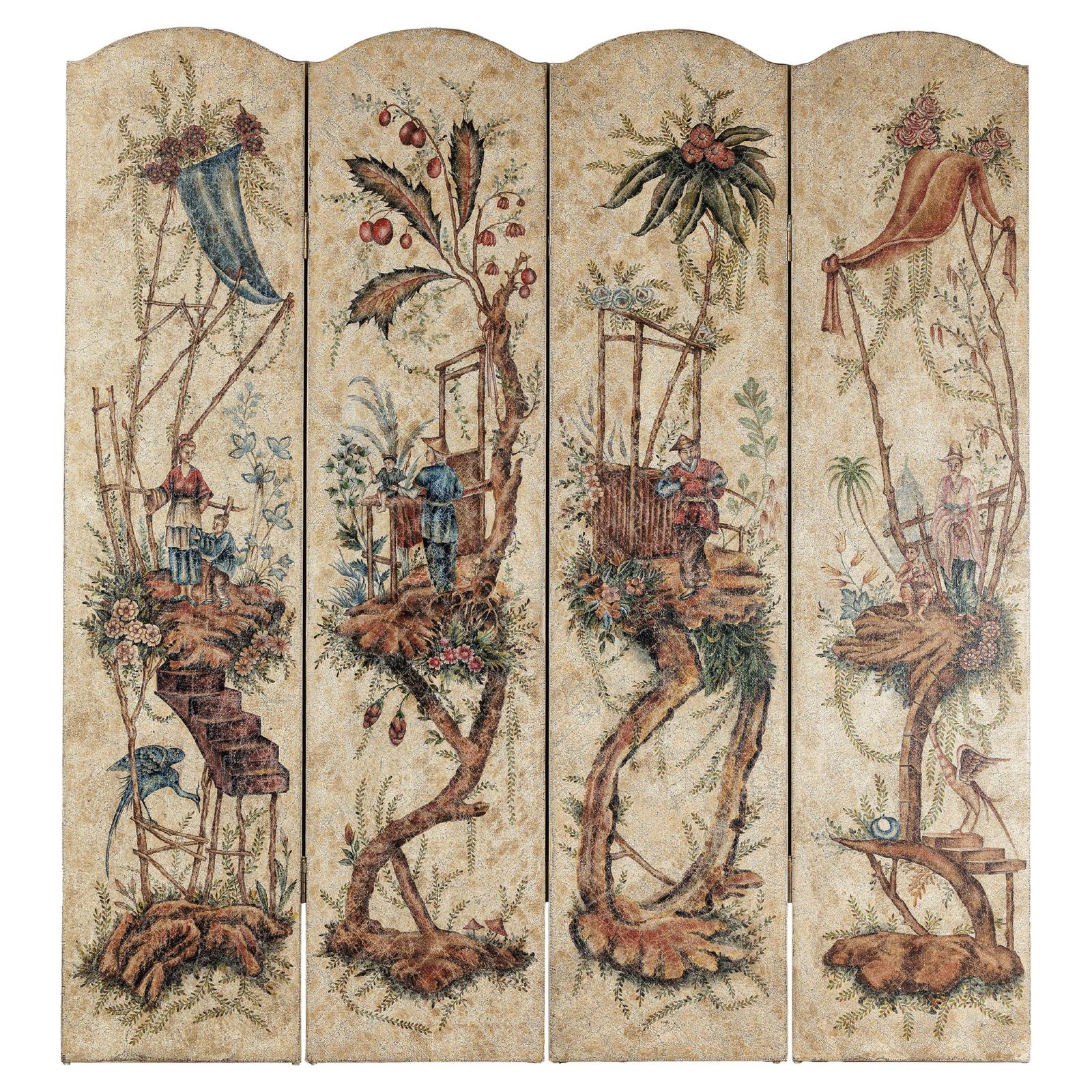 Four-Panel Scalloped Folding Screen with Painted Chinoiserie Motifs-1. Asian & Chinese Furniture, Art, Antiques, Vintage Home Décor for sale at FEA Home
