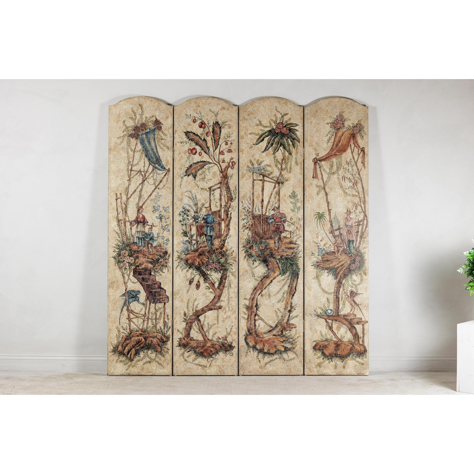 Four-Panel Scalloped Folding Screen with Painted Chinoiserie Motifs-2. Asian & Chinese Furniture, Art, Antiques, Vintage Home Décor for sale at FEA Home