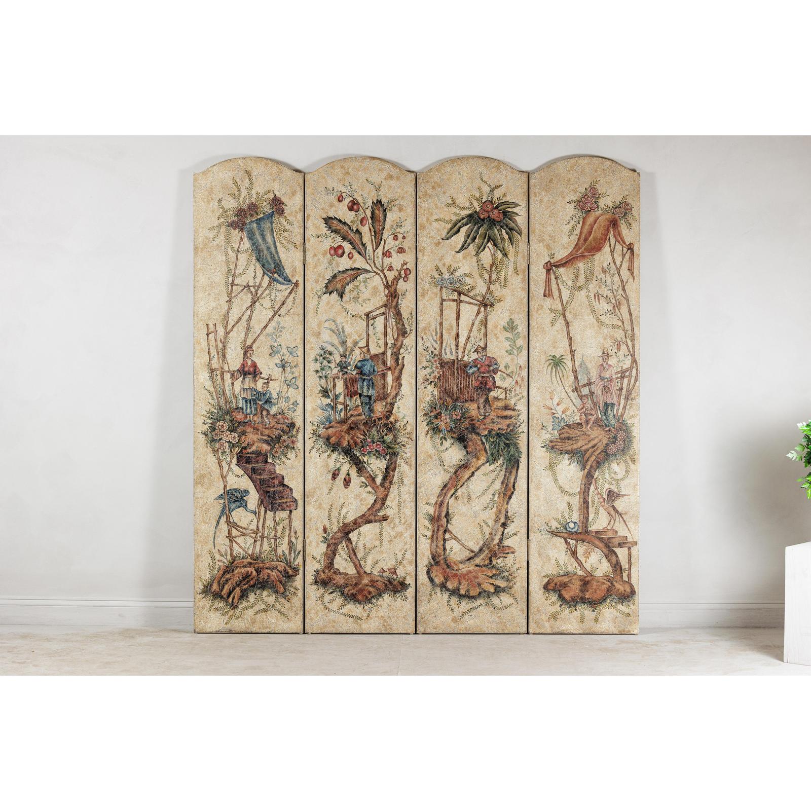 Four-Panel Scalloped Folding Screen with Painted Chinoiserie Motifs-6. Asian &amp; Chinese Furniture, Art, Antiques, Vintage Home Décor for sale at FEA Home