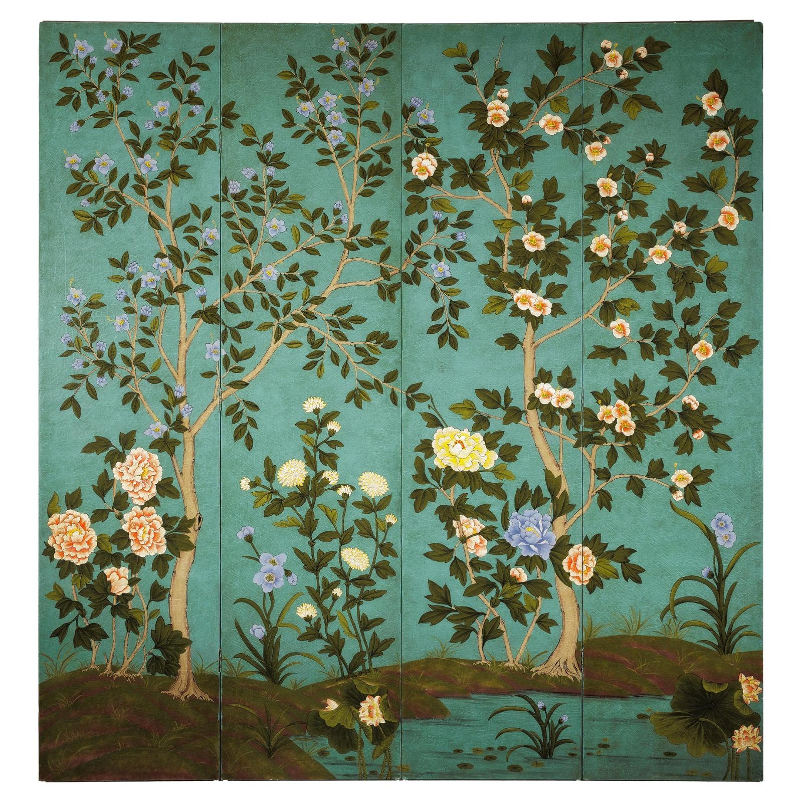 Four-Panel Screen with Hand-Painted Blossoms on Teal Ground-1. Asian & Chinese Furniture, Art, Antiques, Vintage Home Décor for sale at FEA Home