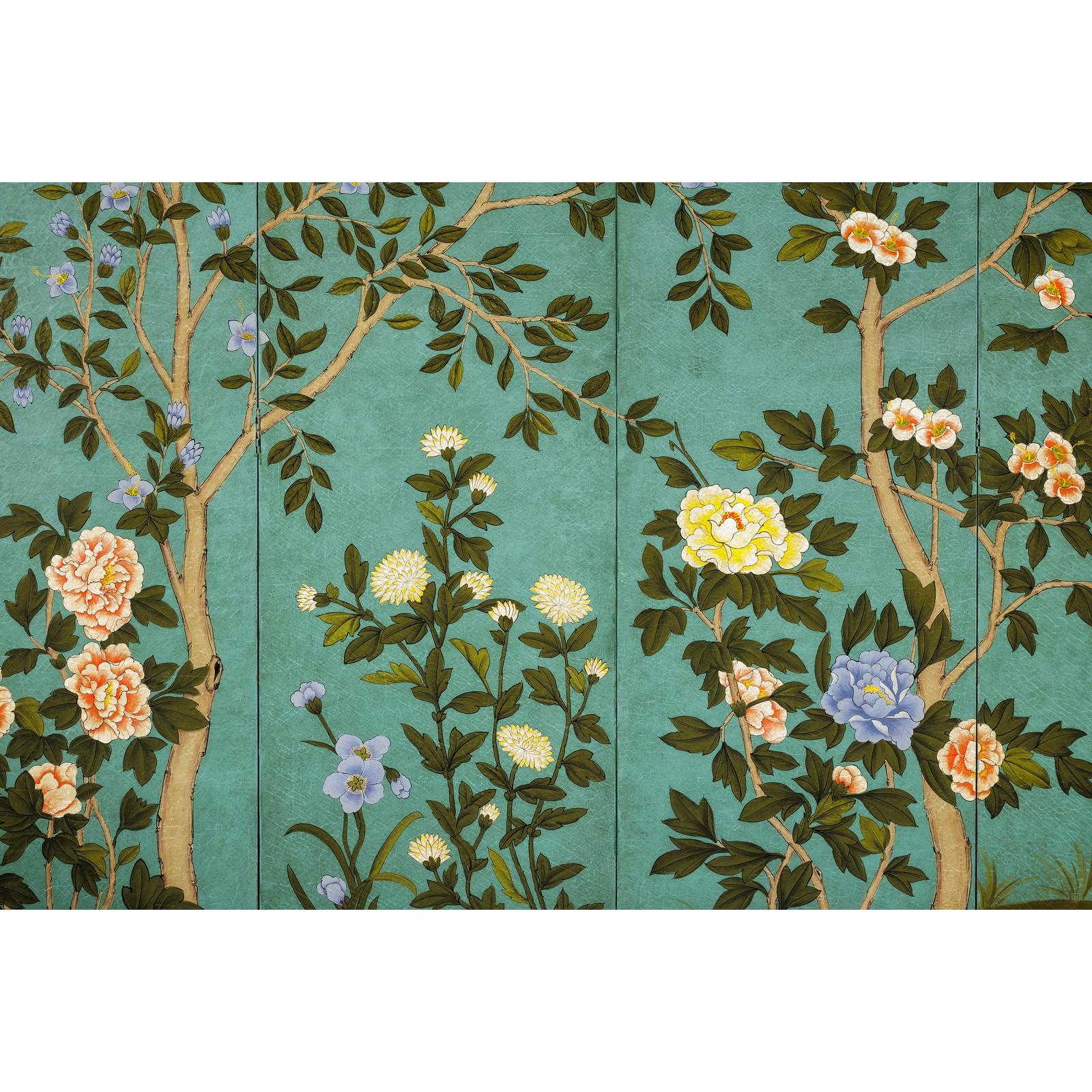 Four-Panel Screen with Hand-Painted Blossoms on Teal Ground-10. Asian &amp; Chinese Furniture, Art, Antiques, Vintage Home Décor for sale at FEA Home
