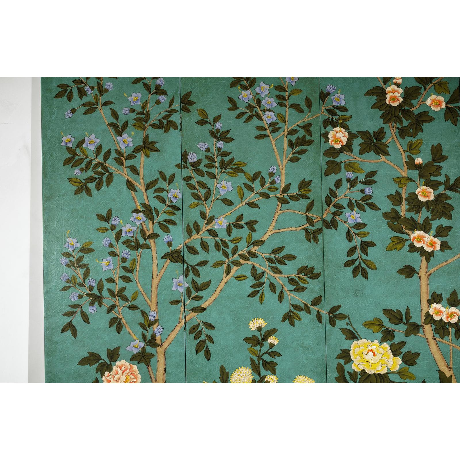 Four-Panel Screen with Hand-Painted Blossoms on Teal Ground-11. Asian &amp; Chinese Furniture, Art, Antiques, Vintage Home Décor for sale at FEA Home
