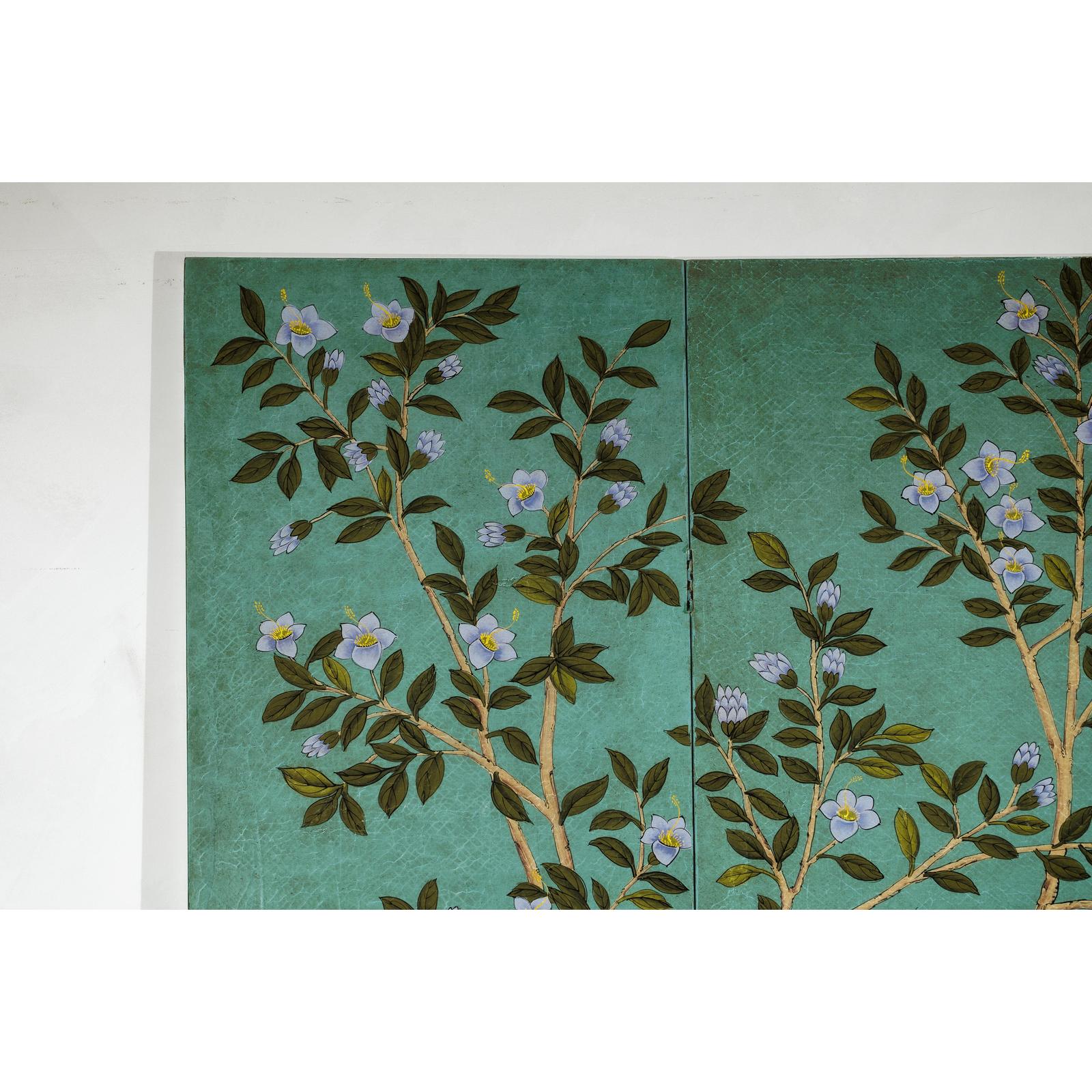 Four-Panel Screen with Hand-Painted Blossoms on Teal Ground-12. Asian &amp; Chinese Furniture, Art, Antiques, Vintage Home Décor for sale at FEA Home