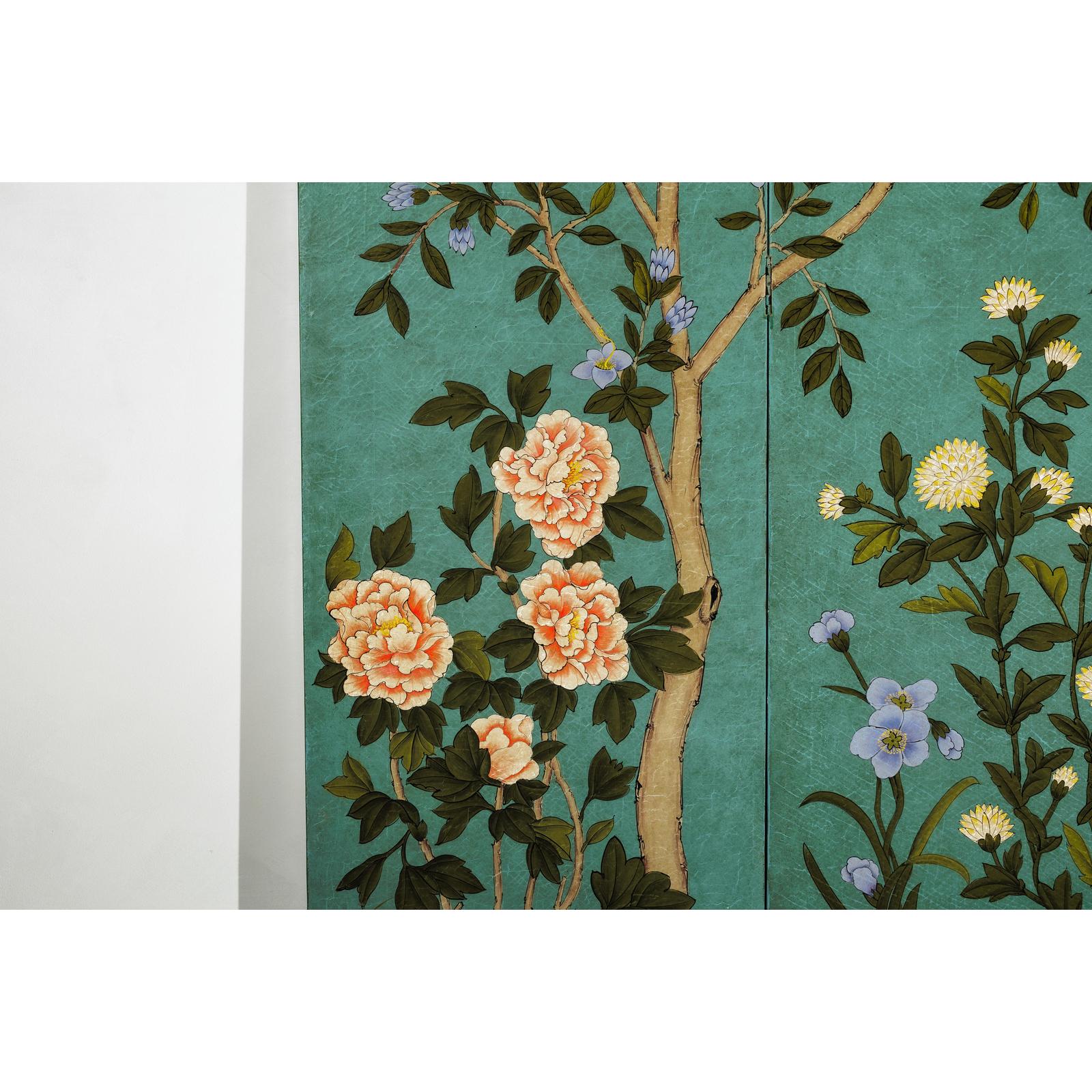 Four-Panel Screen with Hand-Painted Blossoms on Teal Ground-13. Asian &amp; Chinese Furniture, Art, Antiques, Vintage Home Décor for sale at FEA Home