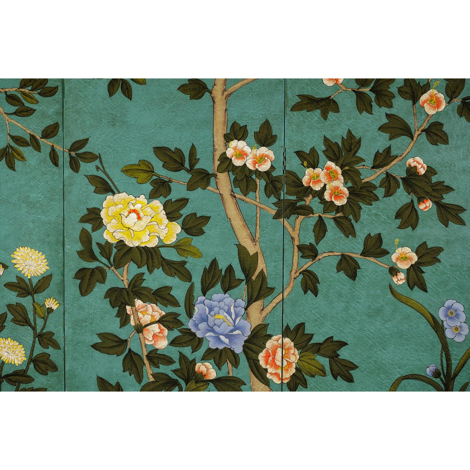 Four-Panel Screen with Hand-Painted Blossoms on Teal Ground-14. Asian &amp; Chinese Furniture, Art, Antiques, Vintage Home Décor for sale at FEA Home