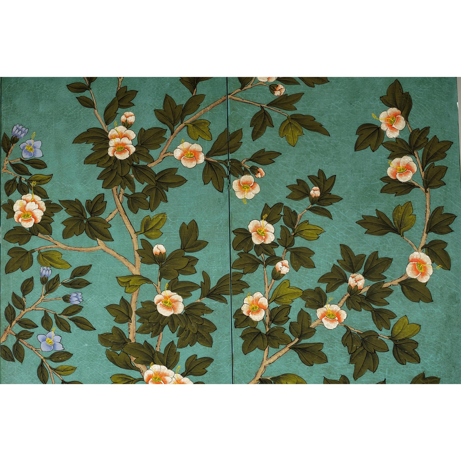 Four-Panel Screen with Hand-Painted Blossoms on Teal Ground-15. Asian &amp; Chinese Furniture, Art, Antiques, Vintage Home Décor for sale at FEA Home
