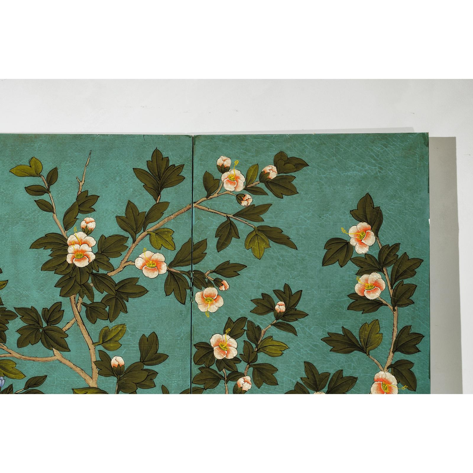 Four-Panel Screen with Hand-Painted Blossoms on Teal Ground-16. Asian &amp; Chinese Furniture, Art, Antiques, Vintage Home Décor for sale at FEA Home