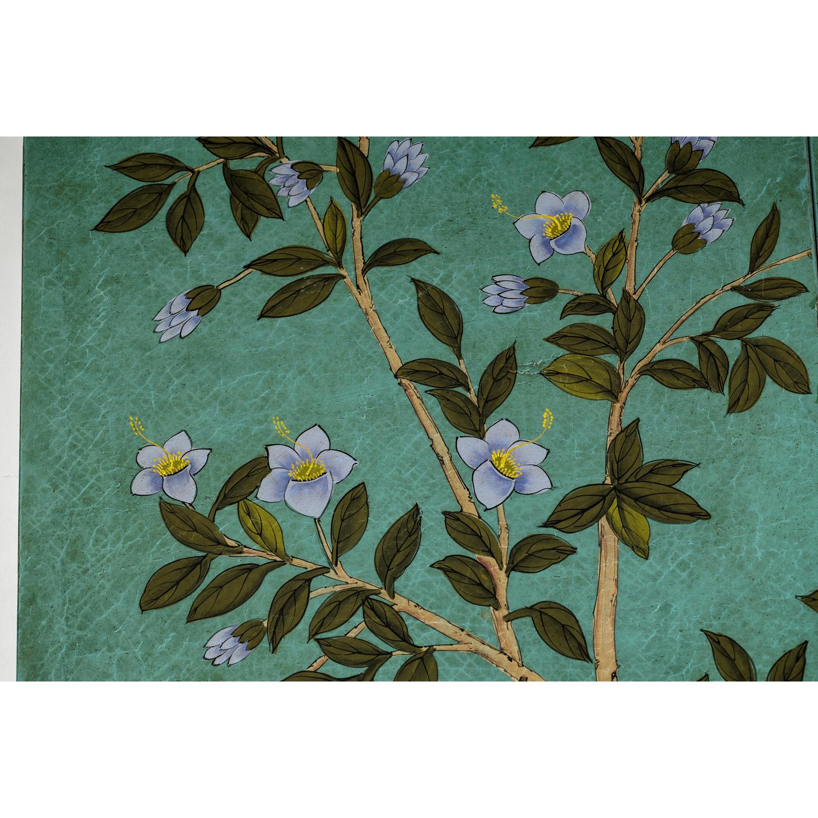 Four-Panel Screen with Hand-Painted Blossoms on Teal Ground-17. Asian &amp; Chinese Furniture, Art, Antiques, Vintage Home Décor for sale at FEA Home