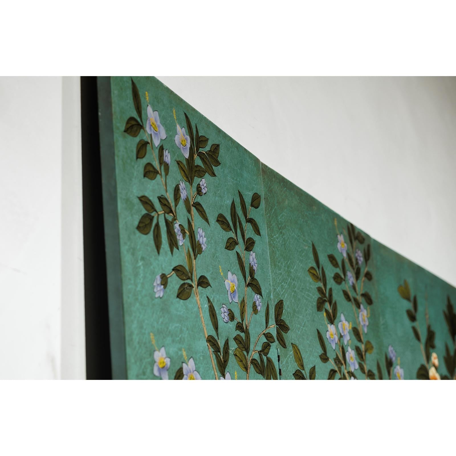 Four-Panel Screen with Hand-Painted Blossoms on Teal Ground-18. Asian &amp; Chinese Furniture, Art, Antiques, Vintage Home Décor for sale at FEA Home