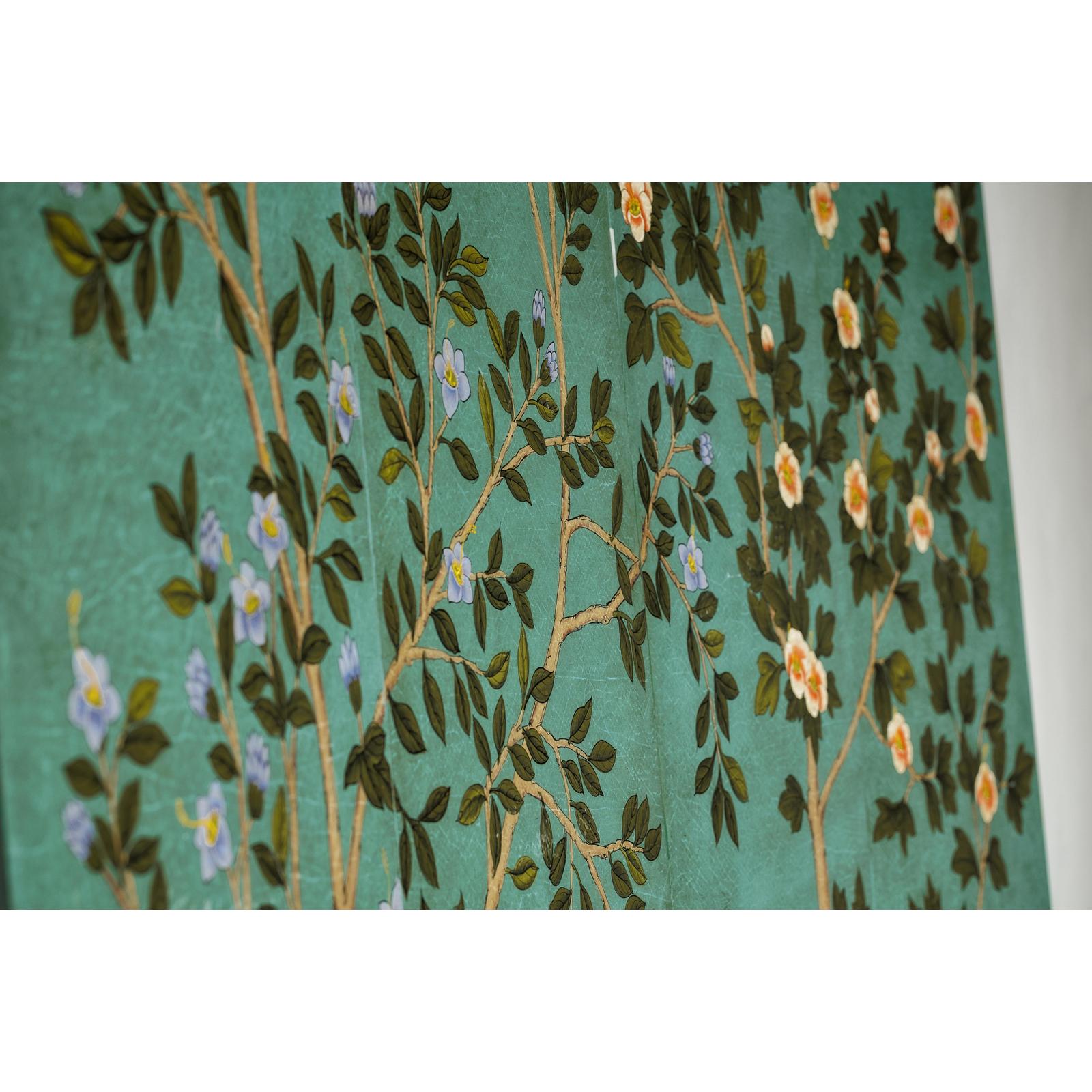 Four-Panel Screen with Hand-Painted Blossoms on Teal Ground-19. Asian &amp; Chinese Furniture, Art, Antiques, Vintage Home Décor for sale at FEA Home
