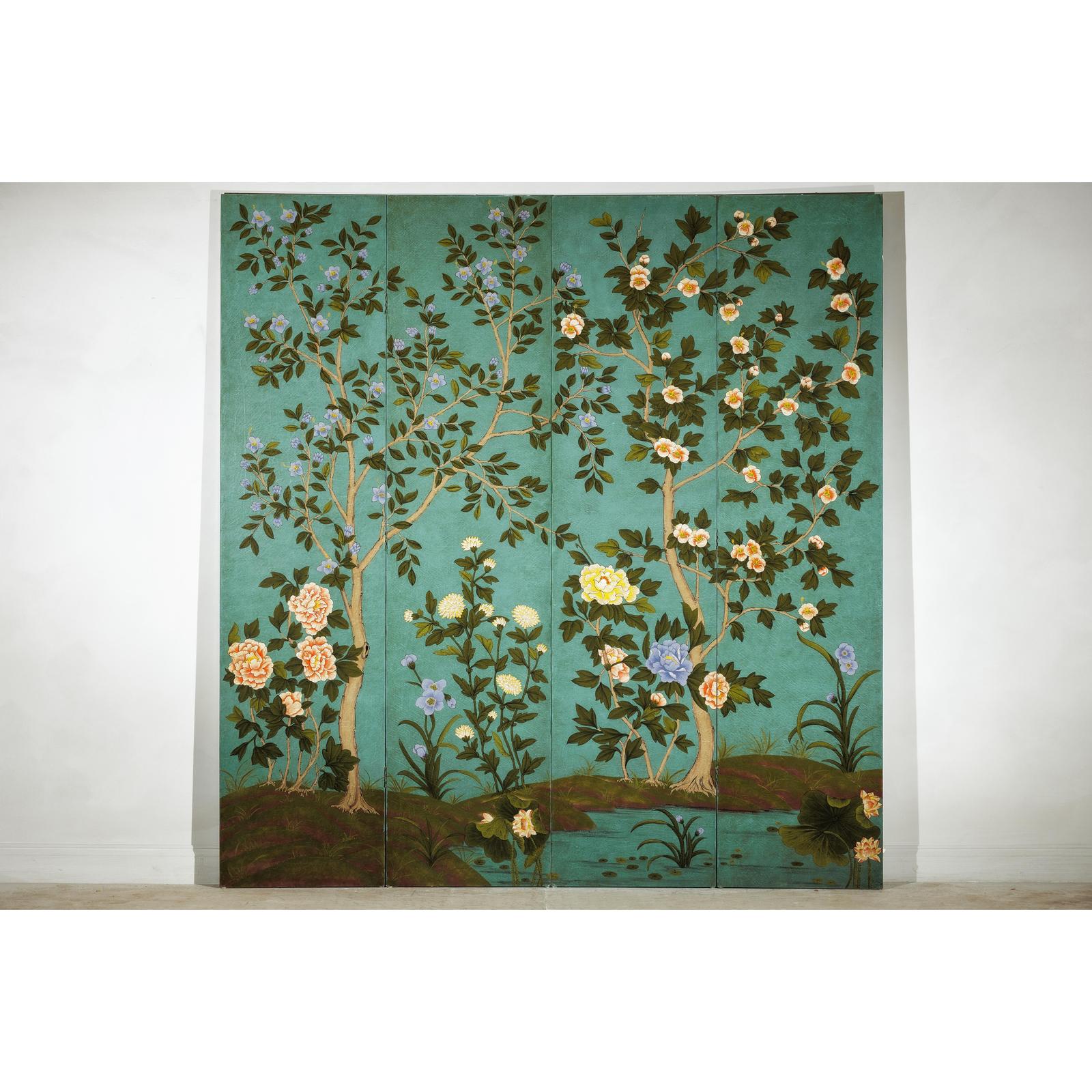 Four-Panel Screen with Hand-Painted Blossoms on Teal Ground-2. Asian & Chinese Furniture, Art, Antiques, Vintage Home Décor for sale at FEA Home