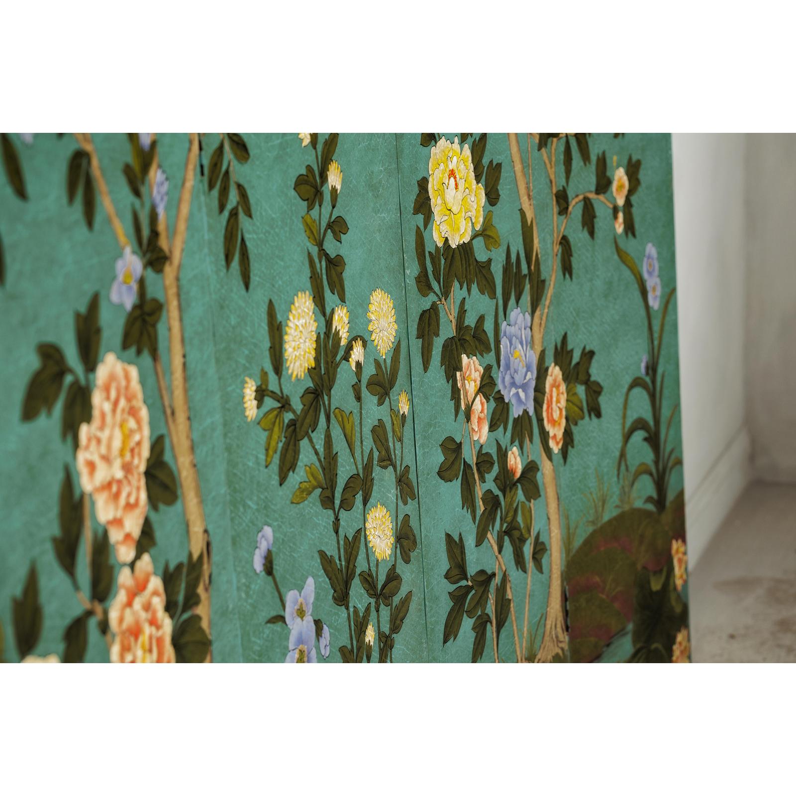 Four-Panel Screen with Hand-Painted Blossoms on Teal Ground-20. Asian &amp; Chinese Furniture, Art, Antiques, Vintage Home Décor for sale at FEA Home