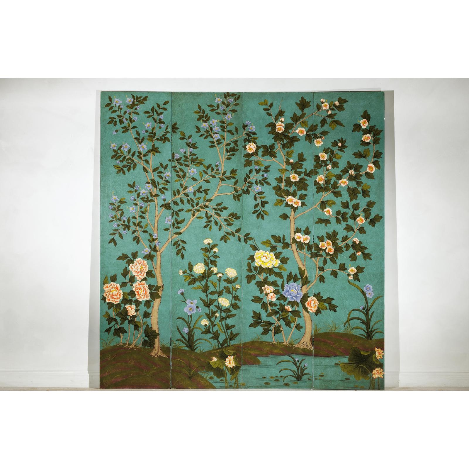 Four-Panel Screen with Hand-Painted Blossoms on Teal Ground-3. Asian &amp; Chinese Furniture, Art, Antiques, Vintage Home Décor for sale at FEA Home