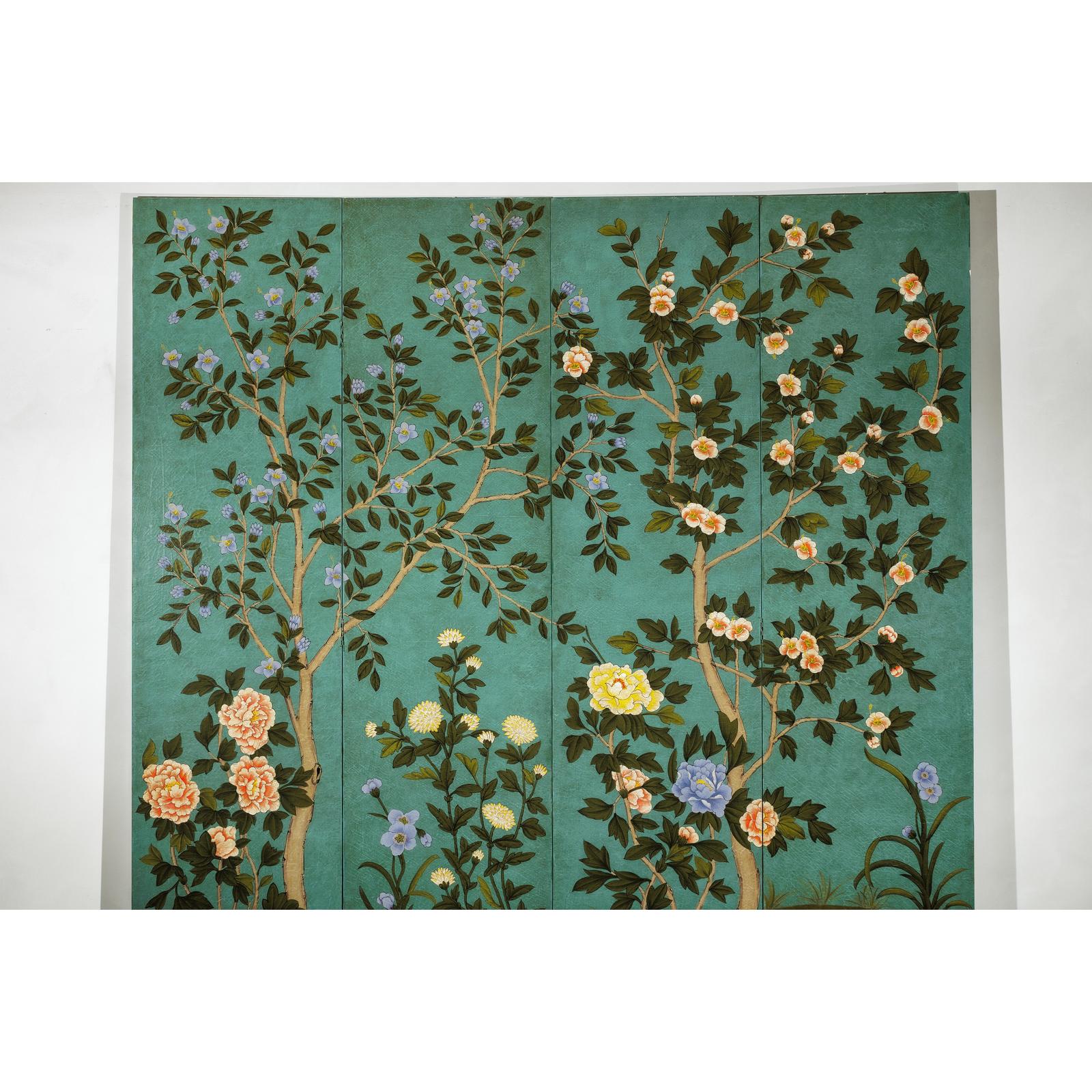 Four-Panel Screen with Hand-Painted Blossoms on Teal Ground-4. Asian &amp; Chinese Furniture, Art, Antiques, Vintage Home Décor for sale at FEA Home